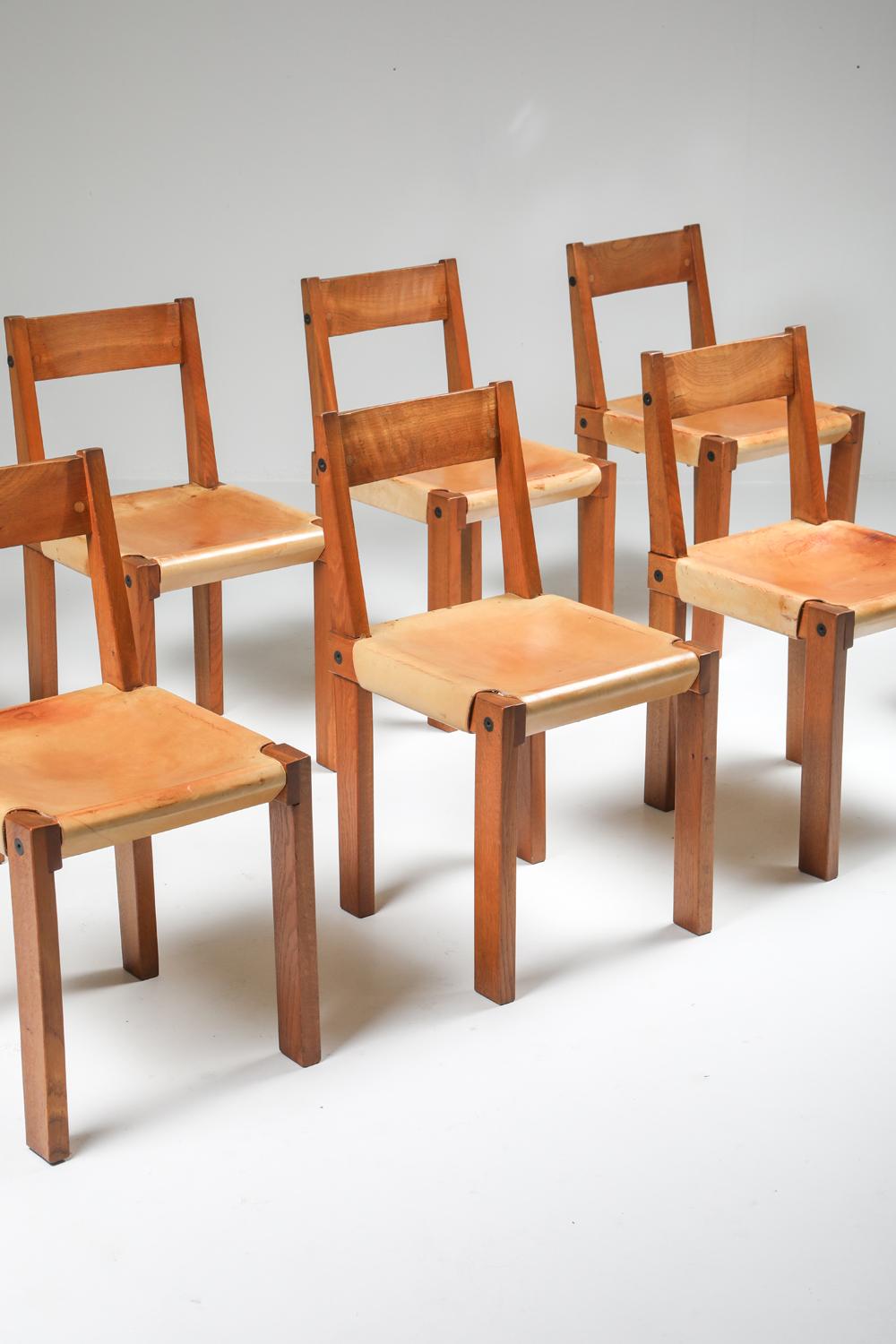 Pierre Chapo Set of Eight 'S24' Chairs in Solid Elm and Natural Leather 14