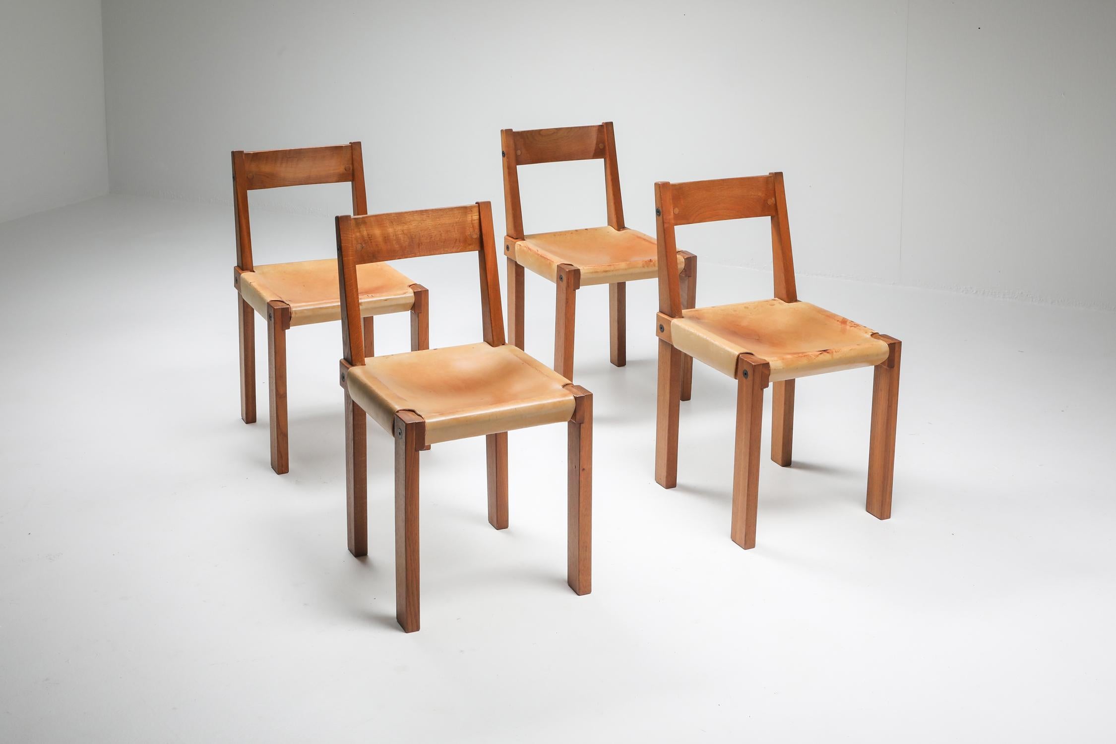 Pierre Chapo Set of Eight 'S24' Chairs in Solid Elm and Natural Leather 1
