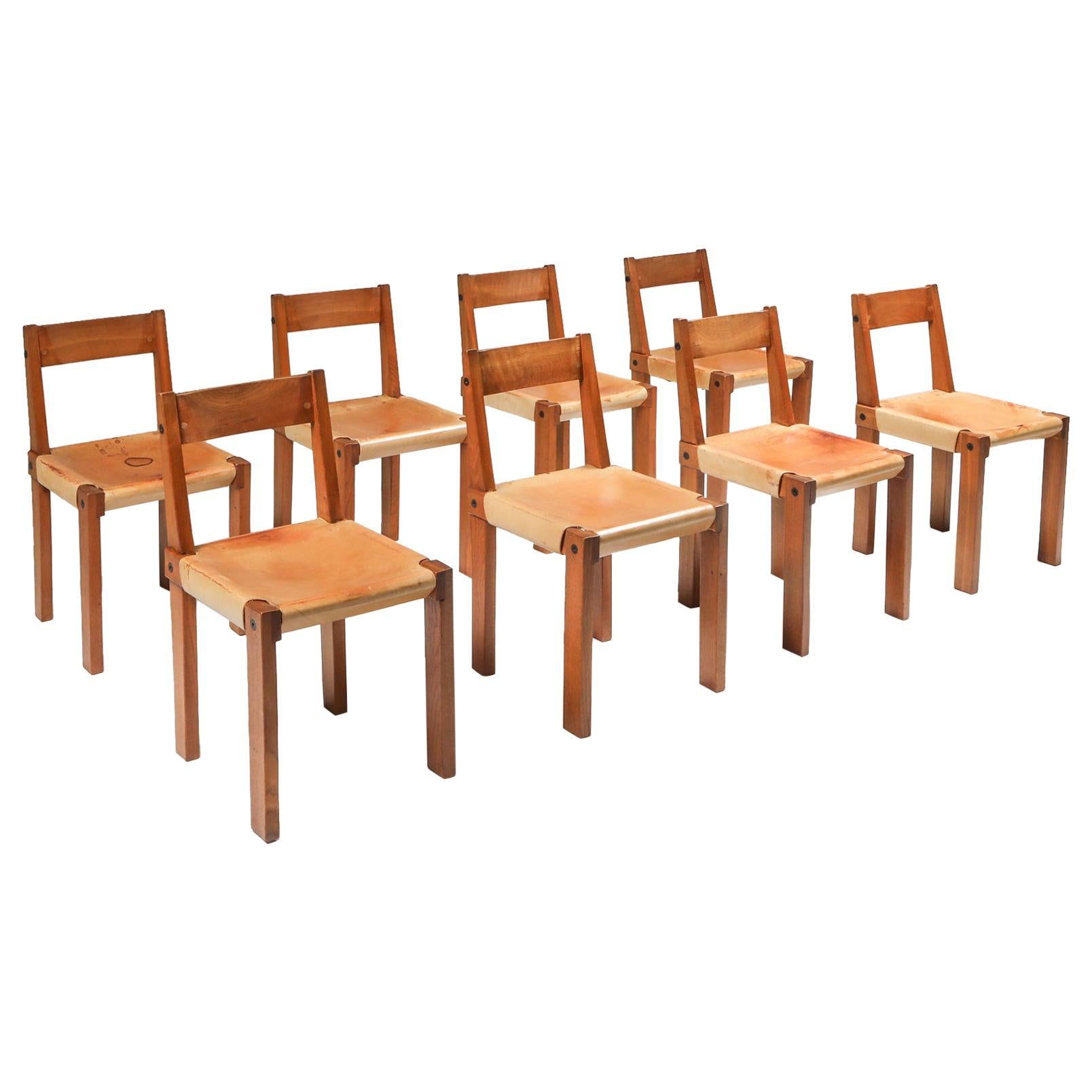Pierre Chapo Set of Eight 'S24' Chairs in Solid Elm and Natural Leather
