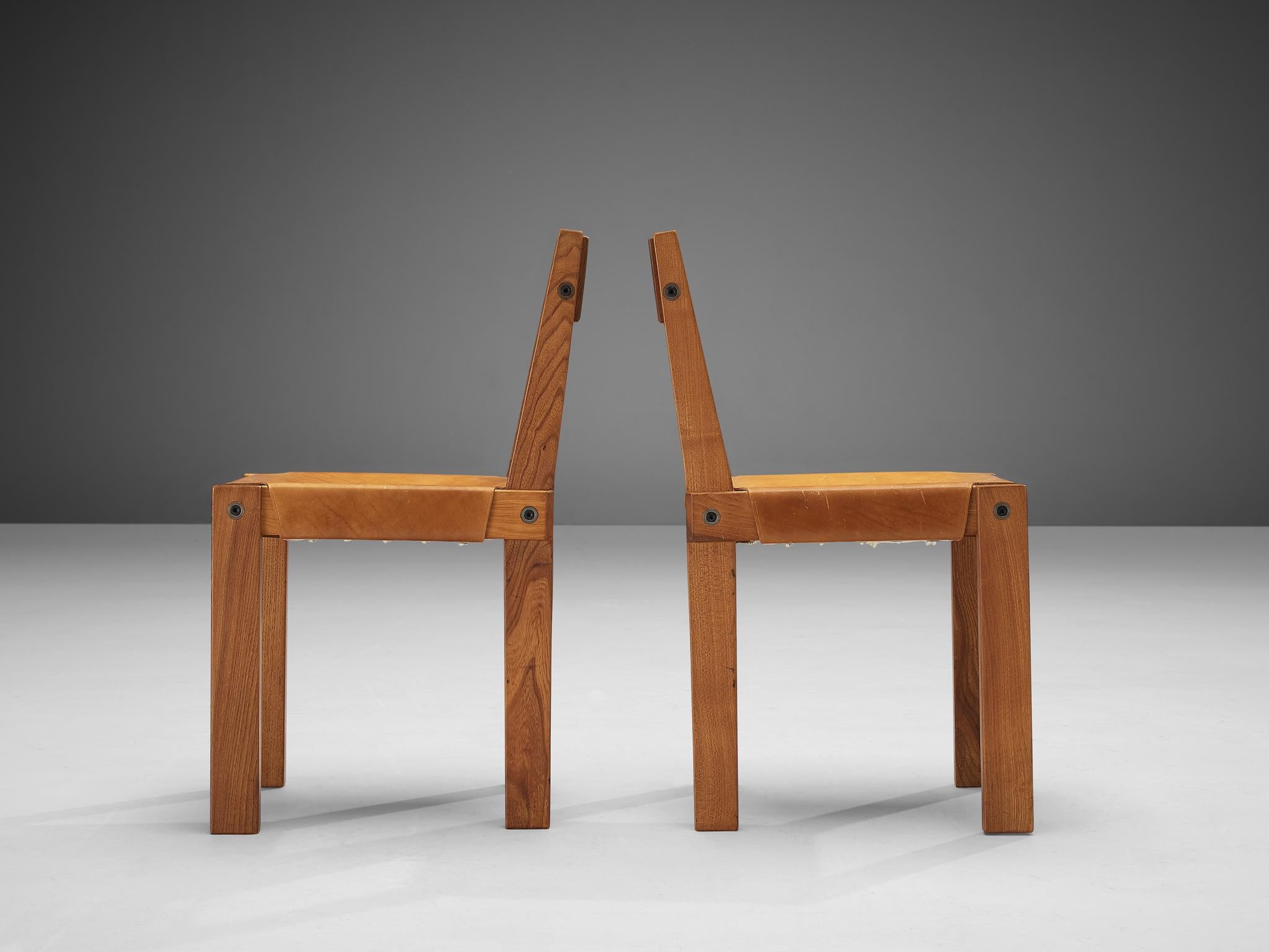 Pierre Chapo Set of Eight 'S24' Dining Chairs in Solid Elm and Cognac Leather 5