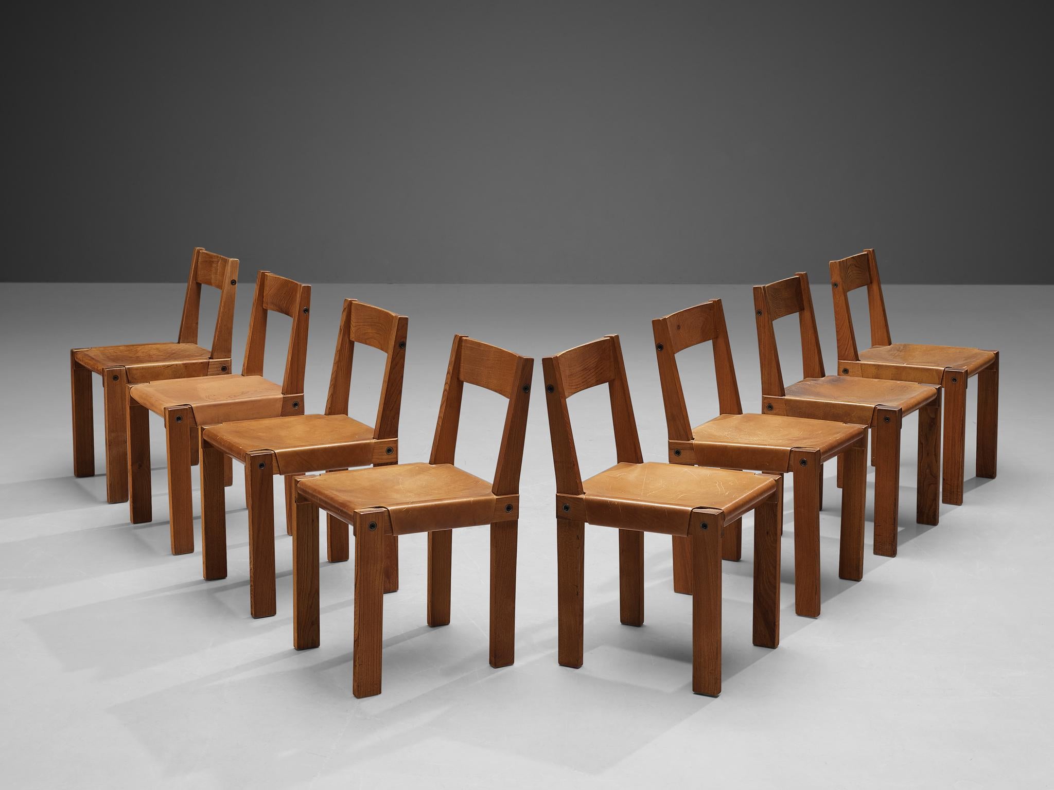 Pierre Chapo, dining chairs model 'S24', elm, leather, France, circa 1966.

Dining chairs in solid elmwood with saddle leather seating and back designed by French designer Pierre Chapo. These chairs have a cubic design of solid elmwood with cognac