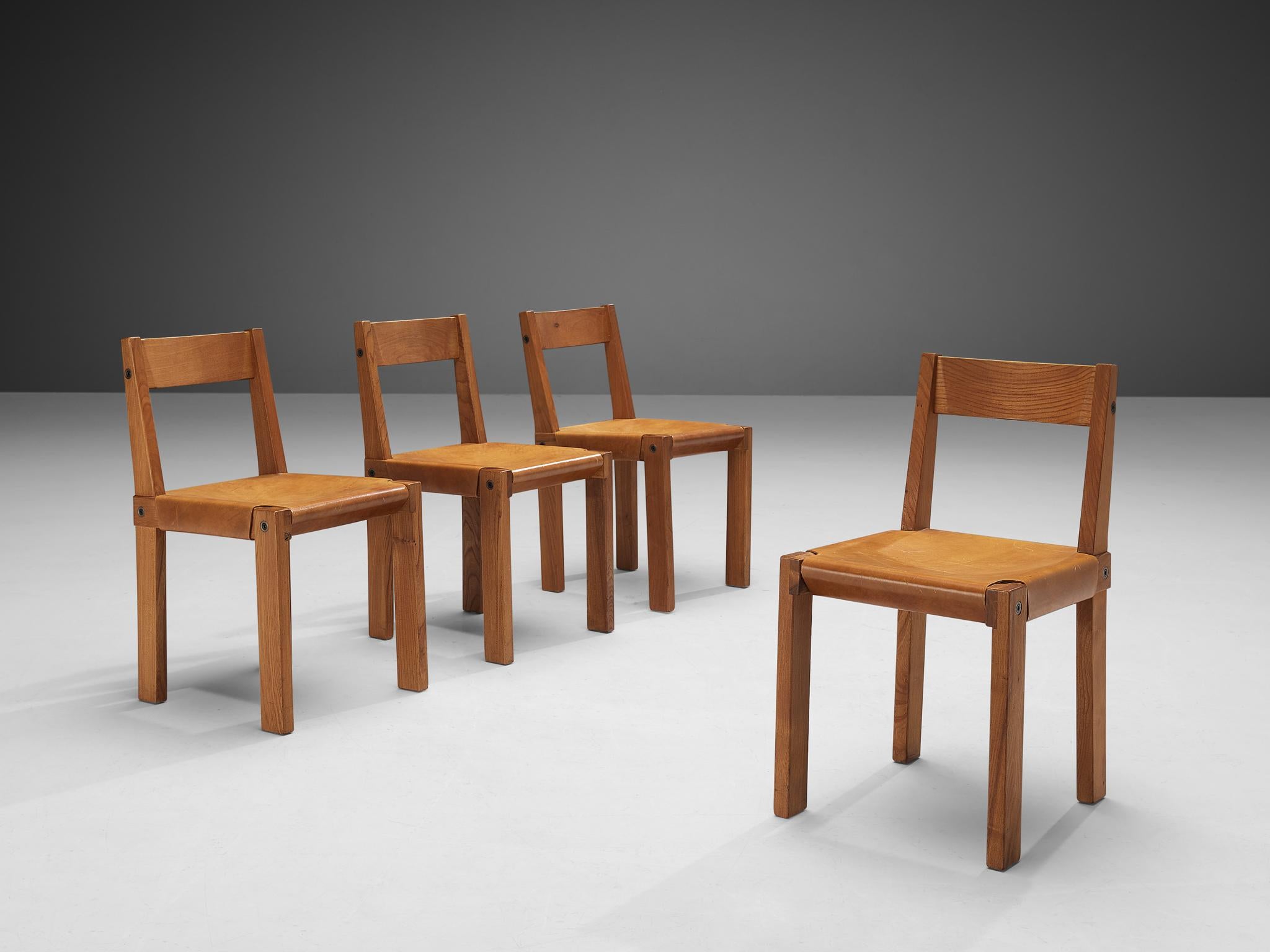 Mid-Century Modern Pierre Chapo Set of Eight 'S24' Dining Chairs in Solid Elm and Cognac Leather