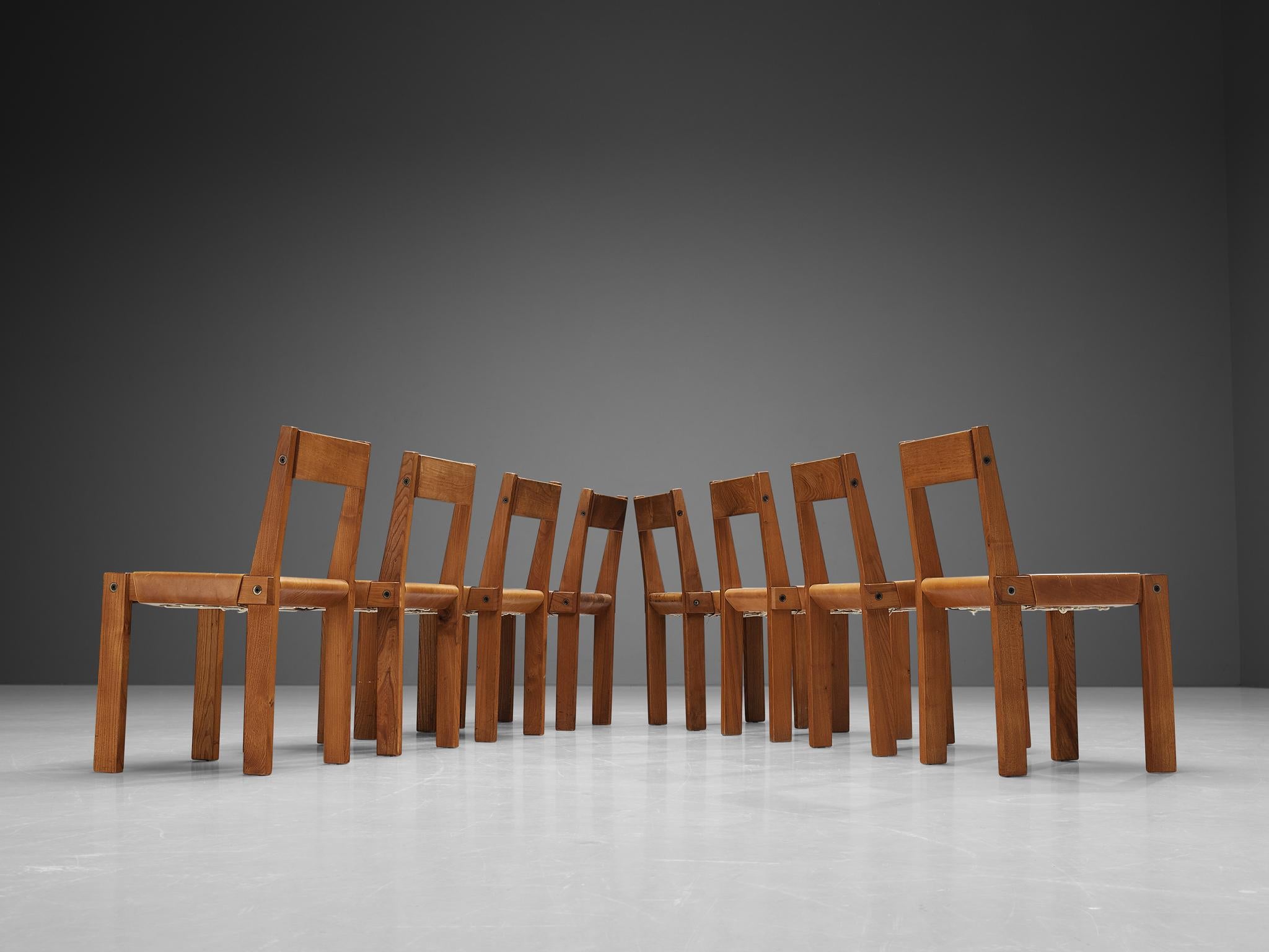 Pierre Chapo Set of Eight 'S24' Dining Chairs in Solid Elm and Cognac Leather In Good Condition In Waalwijk, NL