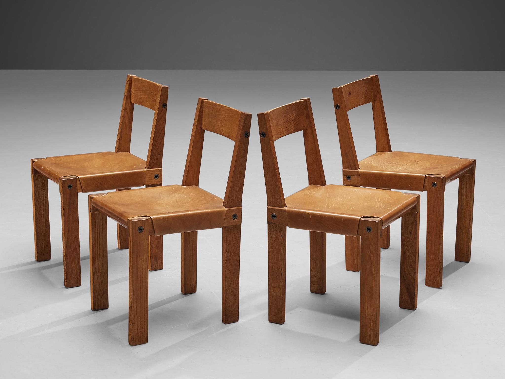 Mid-20th Century Pierre Chapo Set of Eight 'S24' Dining Chairs in Solid Elm and Cognac Leather