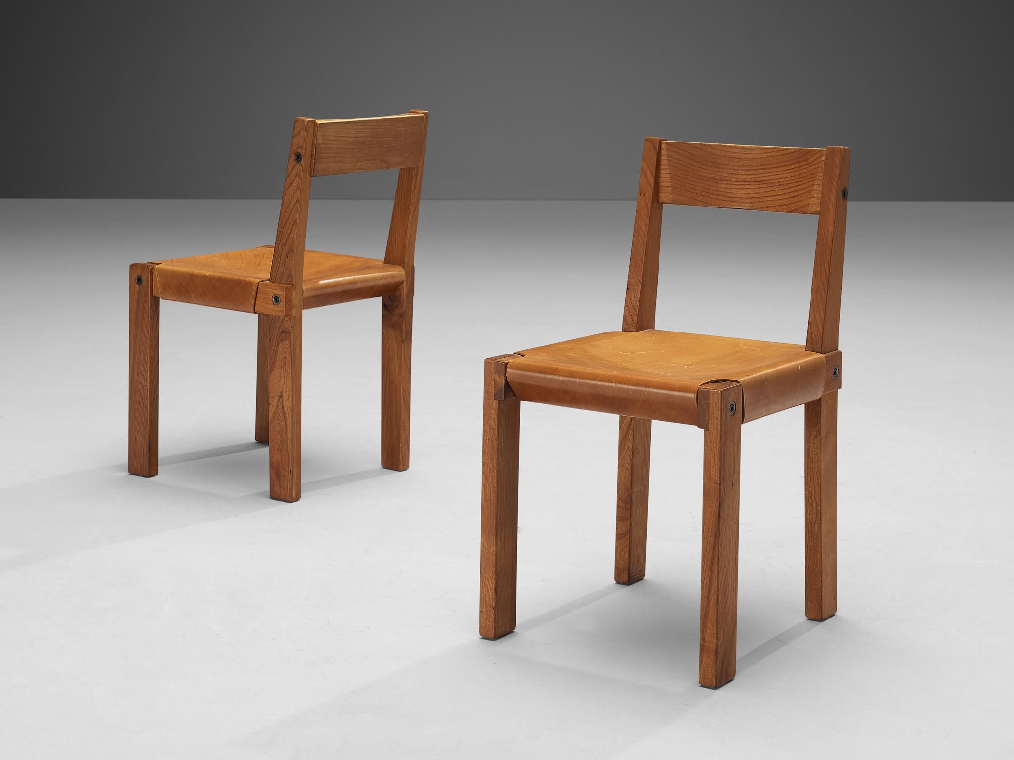 Pierre Chapo Set of Eight 'S24' Dining Chairs in Solid Elm and Cognac Leather 1