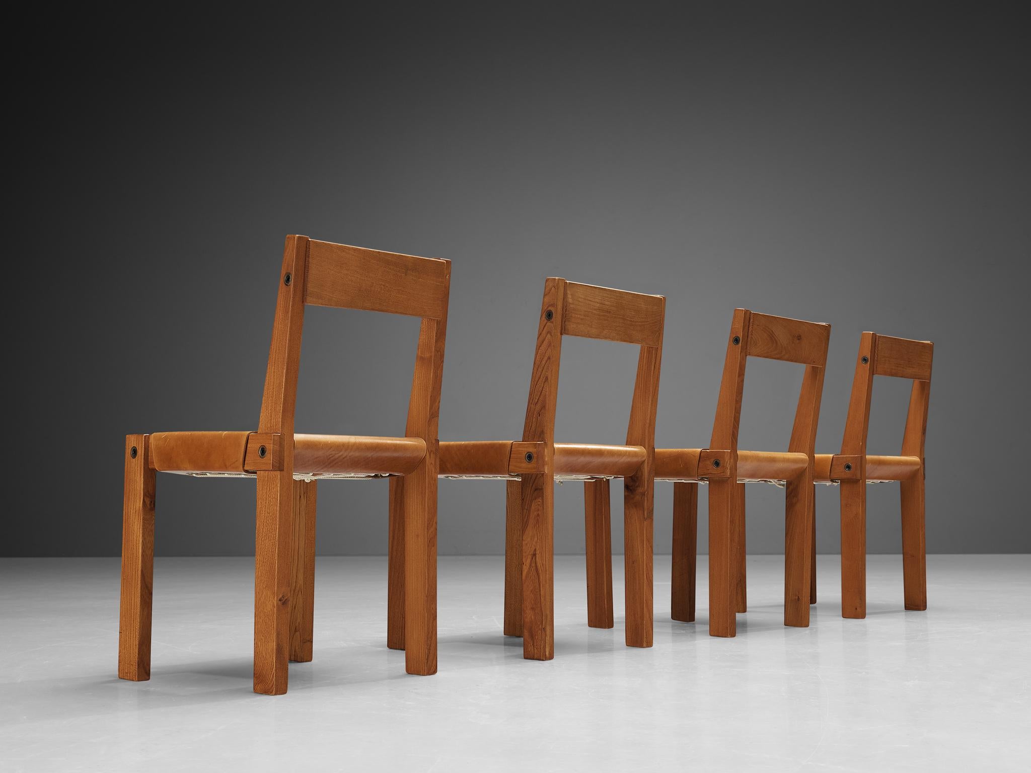 Pierre Chapo Set of Eight 'S24' Dining Chairs in Solid Elm and Cognac Leather 3