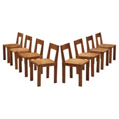 Pierre Chapo Set of Eight 'S24' Dining Chairs in Solid Elm and Cognac Leather
