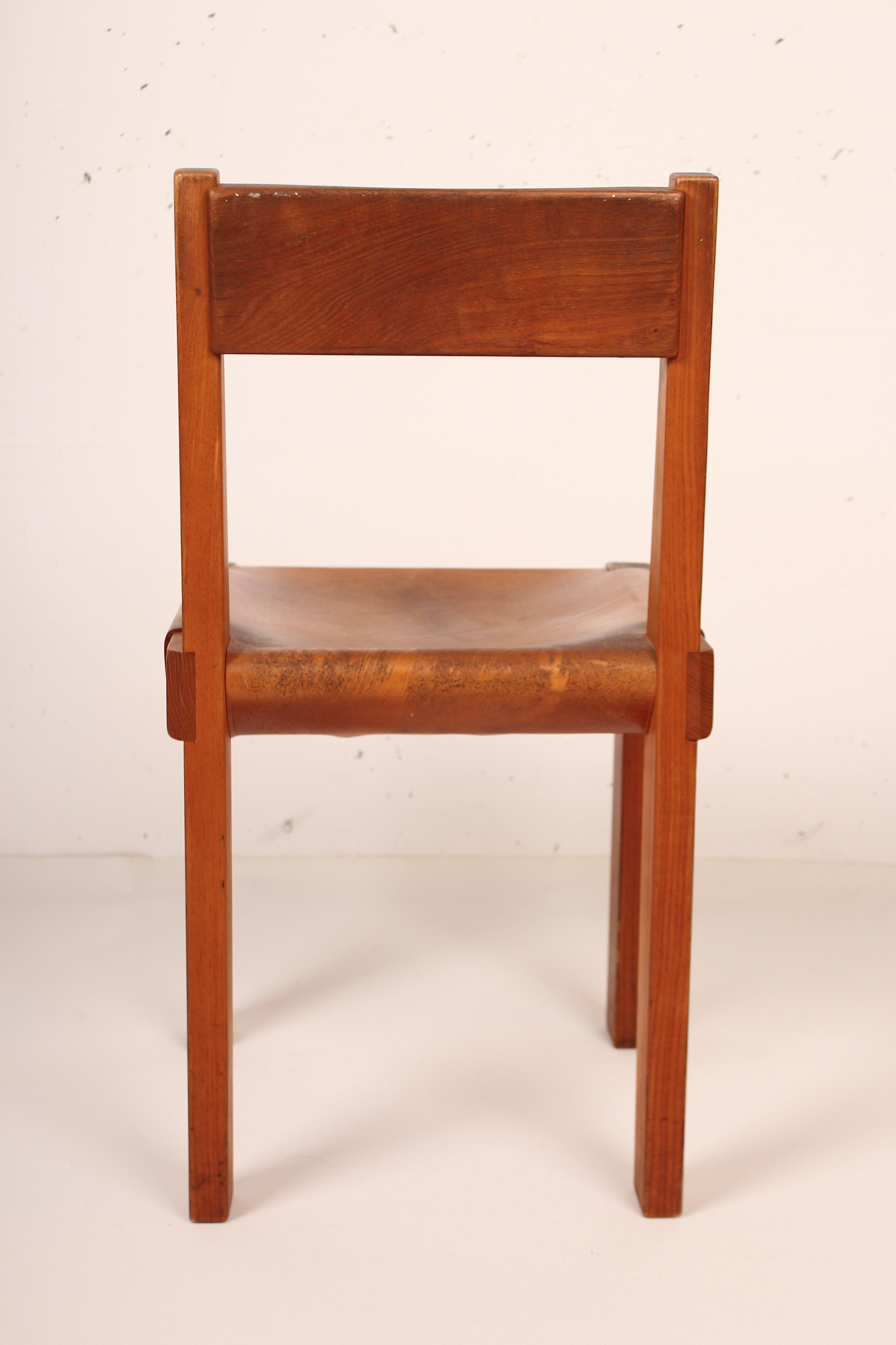 Pierre Chapo Set of Four Elm and Leather S 24 Dining Chairs, France, 1960s For Sale 7