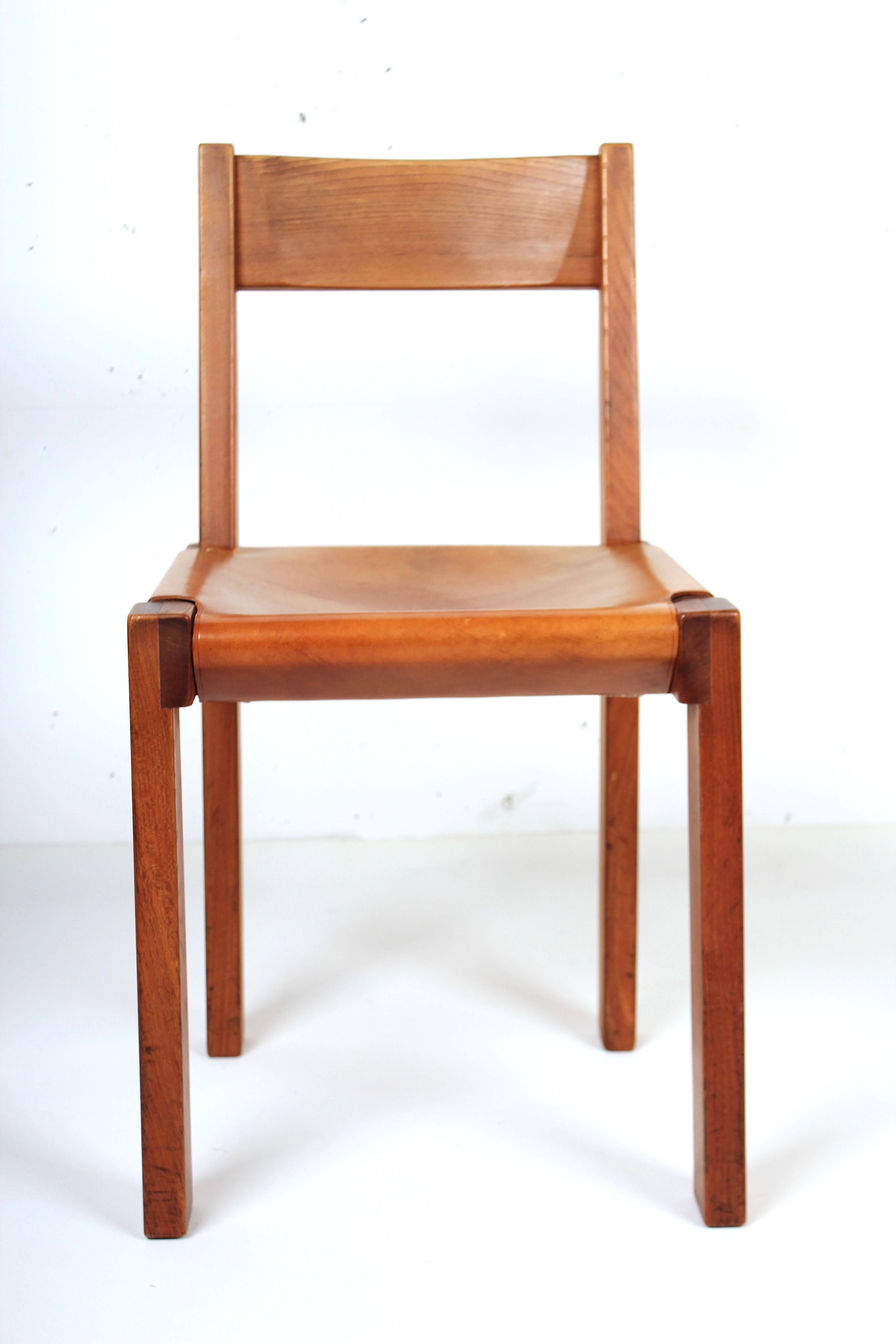 Pierre Chapo Set of Four Elm and Leather S 24 Dining Chairs, France, 1960s For Sale 10