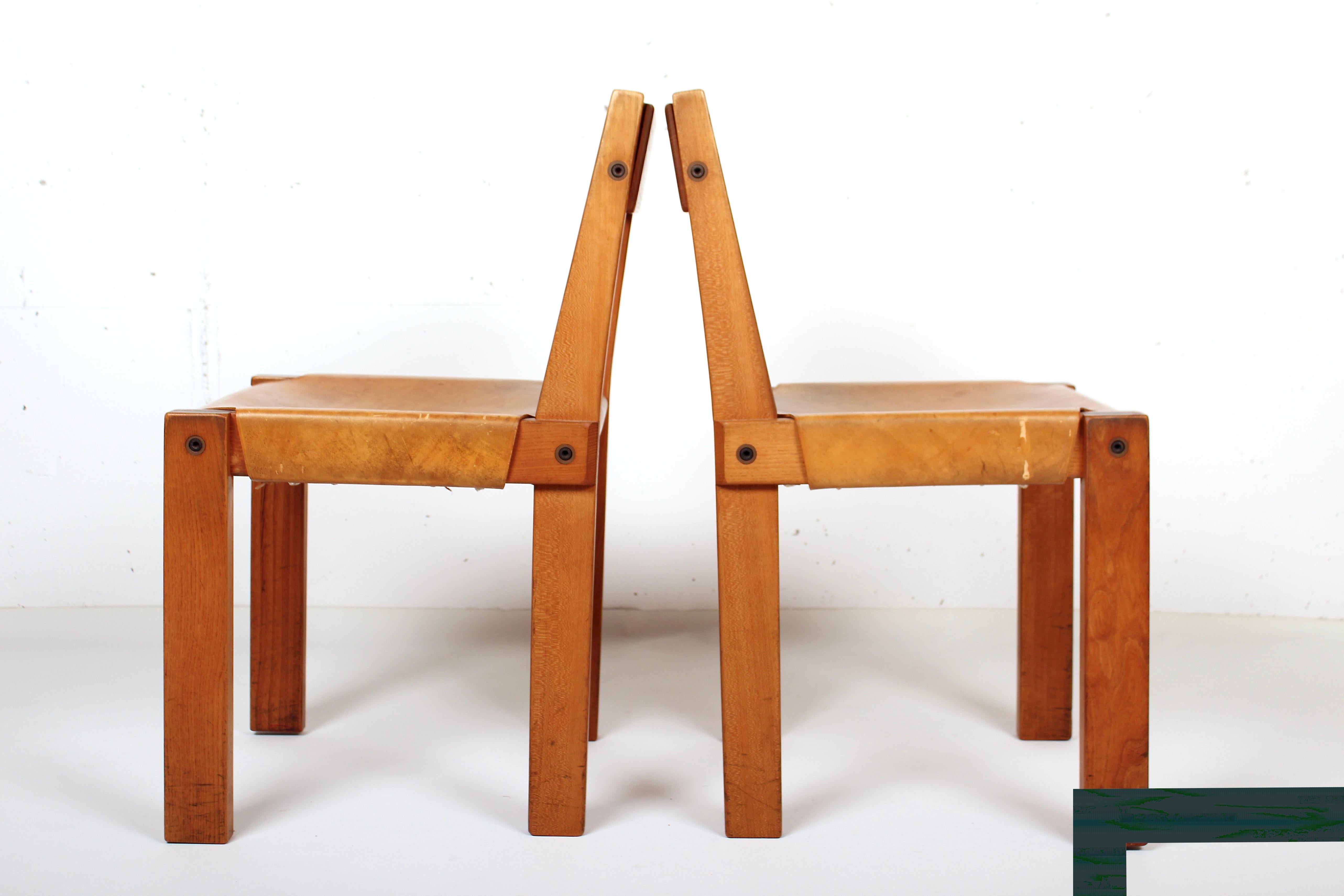 Pierre Chapo Set of Four Elm and Leather S 24 Dining Chairs, France, 1960s For Sale 14