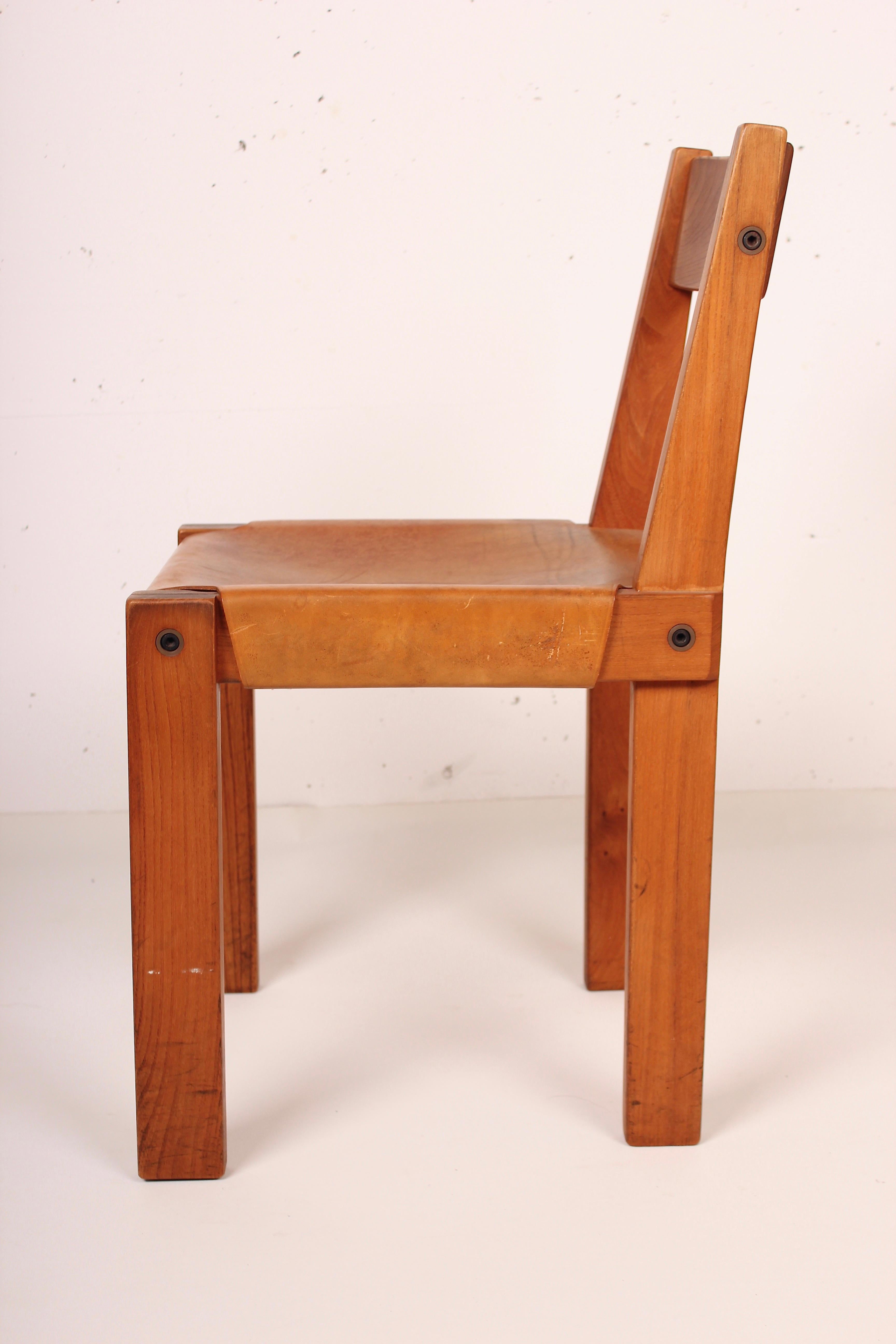 French Pierre Chapo Set of Four Elm and Leather S 24 Dining Chairs, France, 1960s For Sale