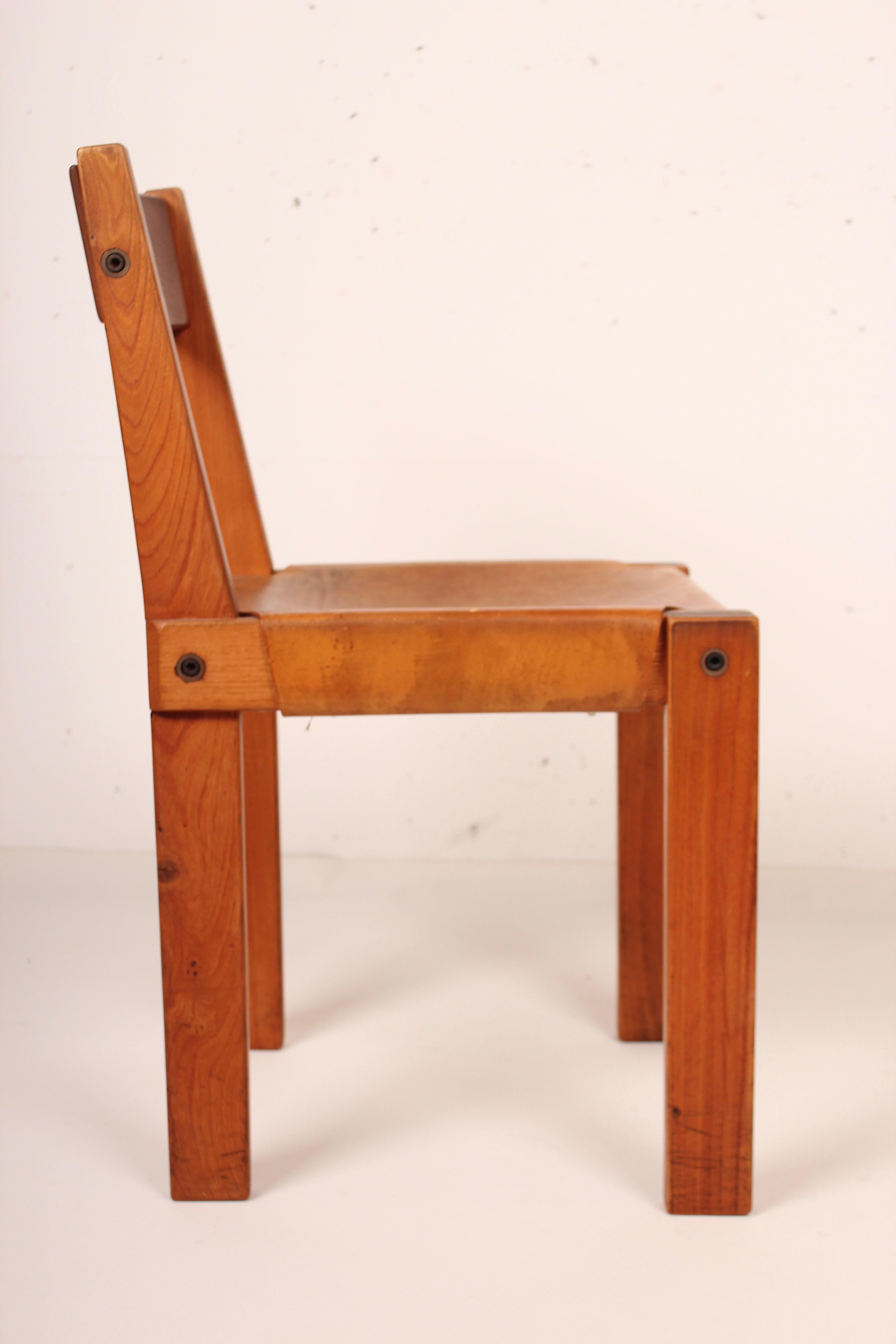 Pierre Chapo Set of Four Elm and Leather S 24 Dining Chairs, France, 1960s For Sale 3