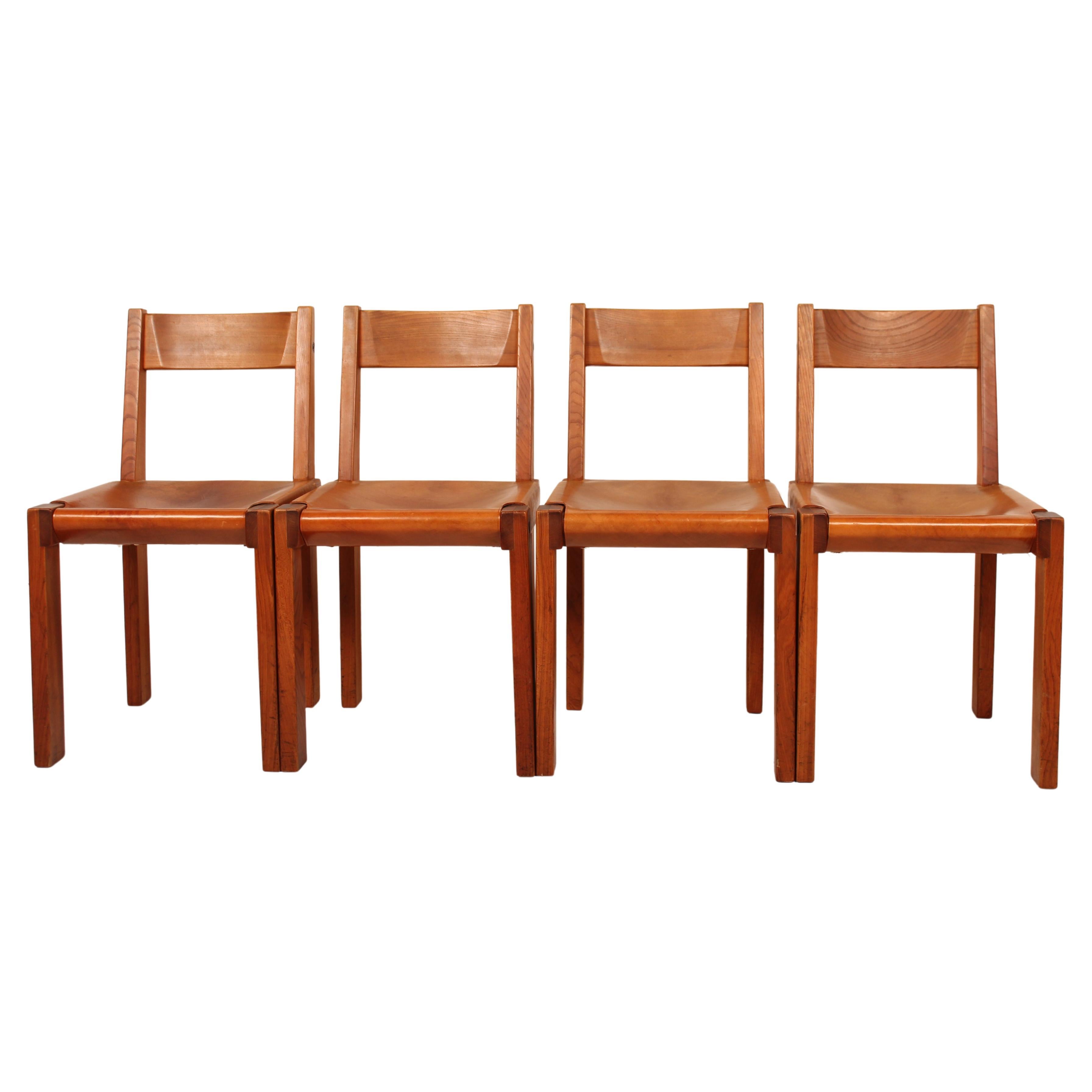 Pierre Chapo Set of Four Elm and Leather S 24 Dining Chairs, France, 1960s