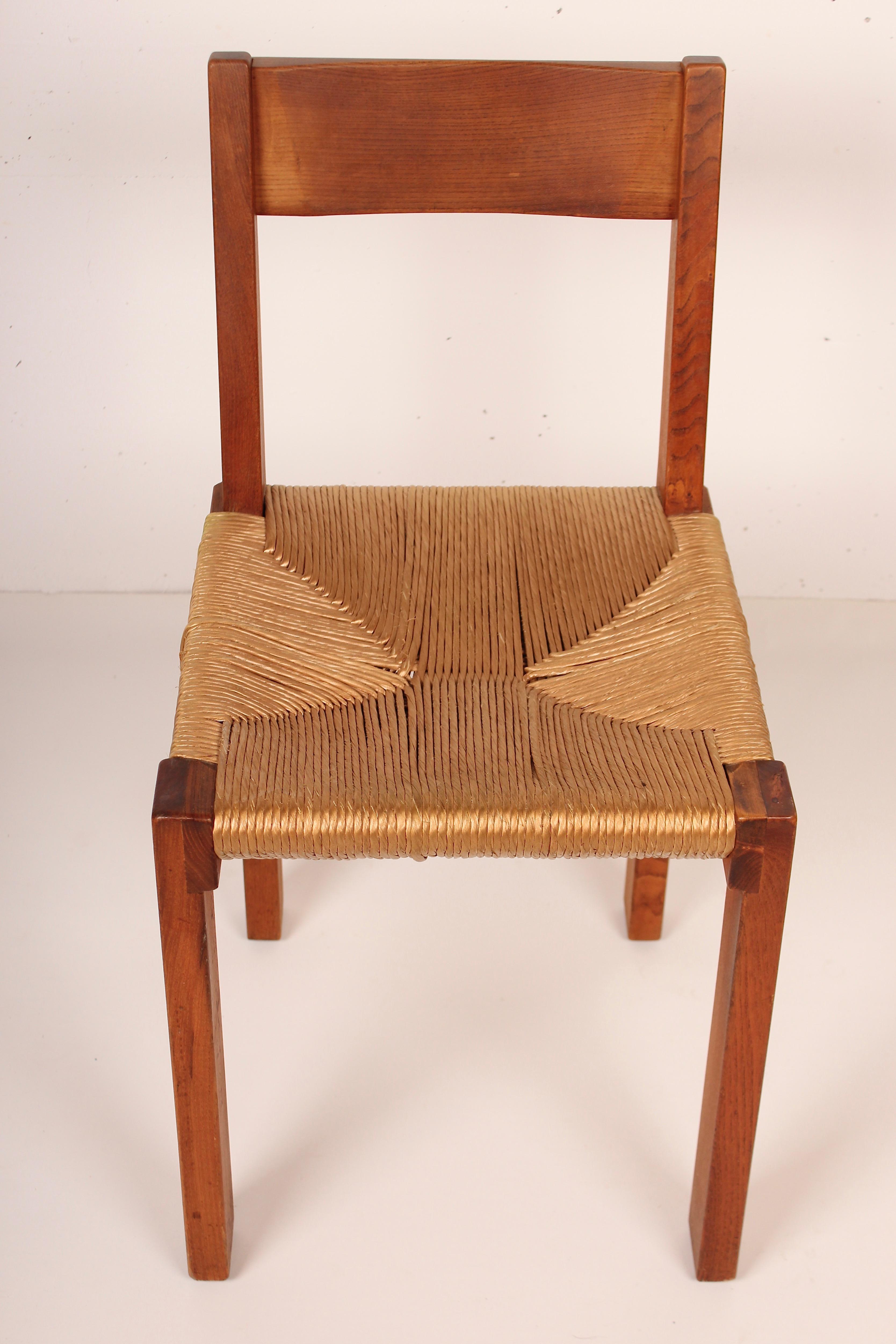 Pierre Chapo Set of Four Elm and Straw S 24 Dining Chairs, France, 1960s 7