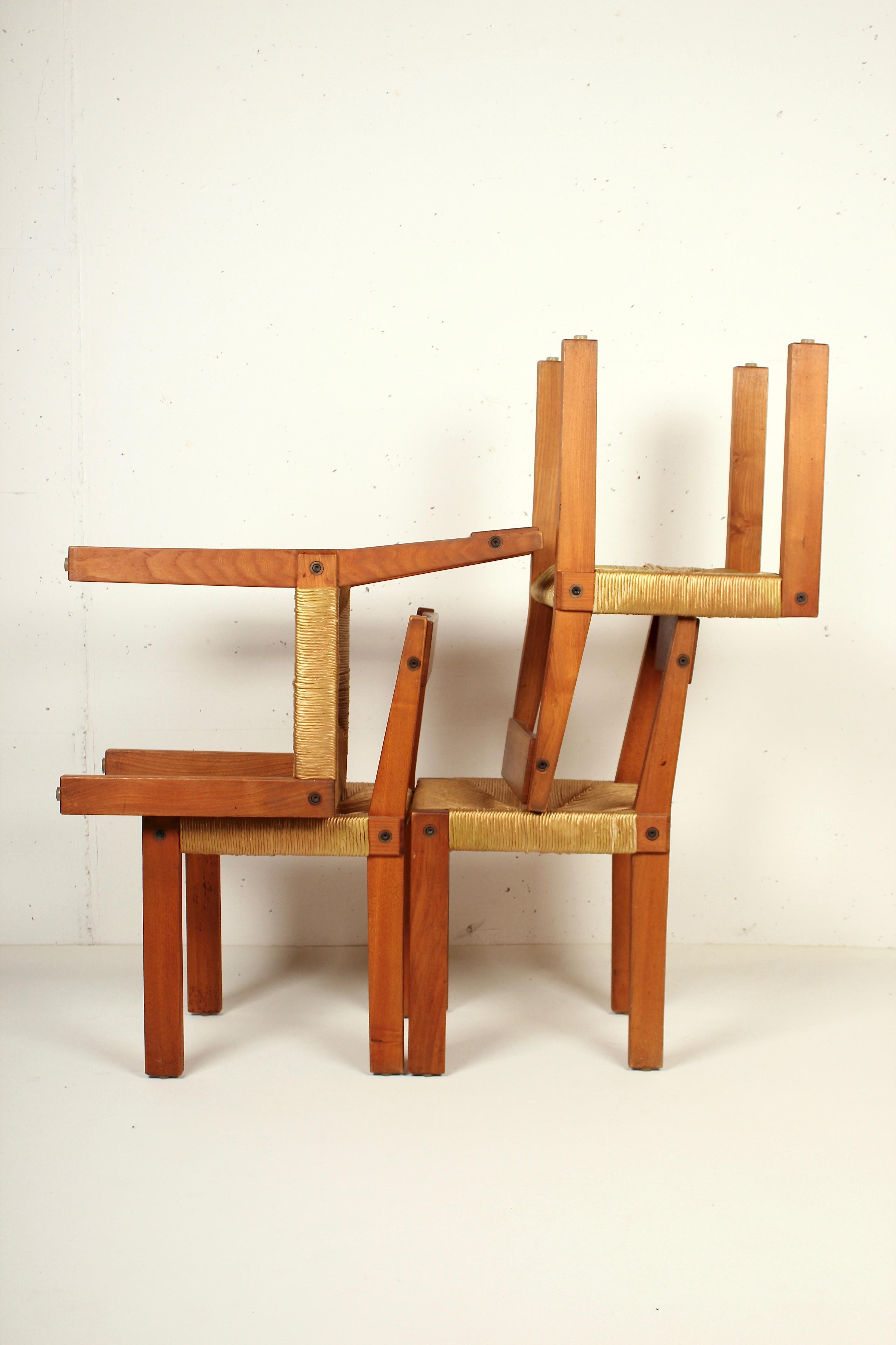 Pierre Chapo Set of Four Elm and Straw S 24 Dining Chairs, France, 1960s 13