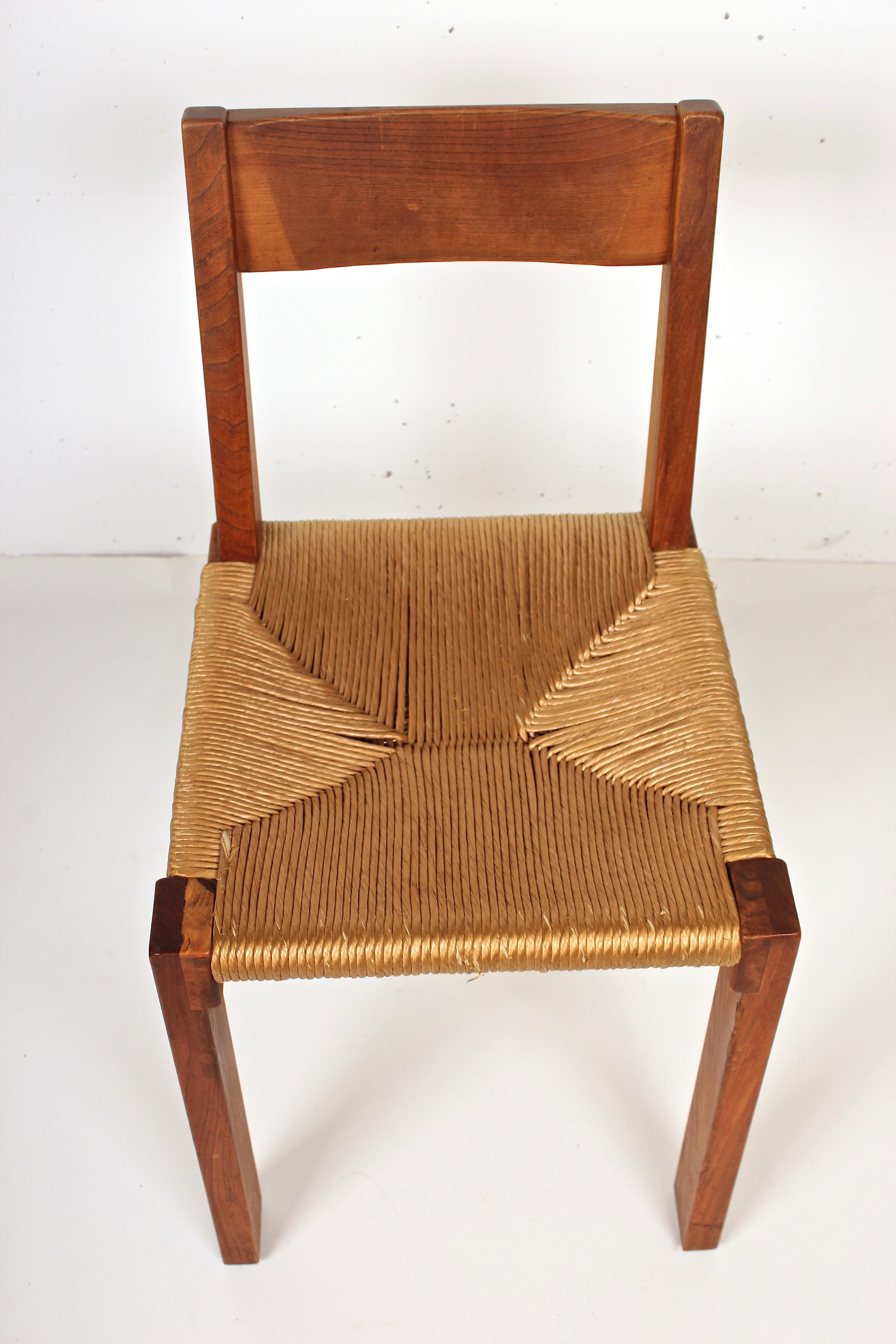 French Pierre Chapo Set of Four Elm and Straw S 24 Dining Chairs, France, 1960s