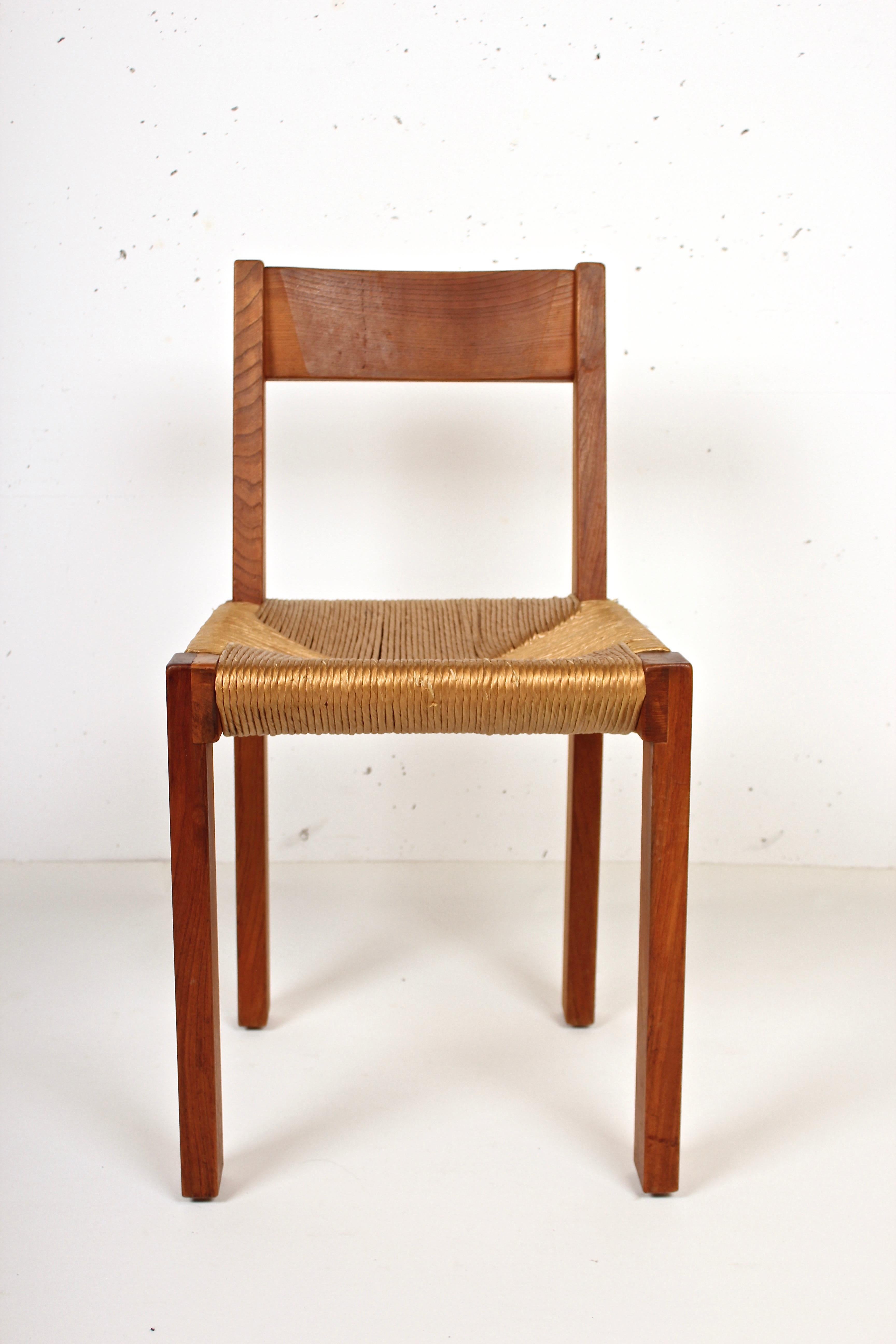 Pierre Chapo Set of Four Elm and Straw S 24 Dining Chairs, France, 1960s In Good Condition In Santa Gertrudis, Baleares