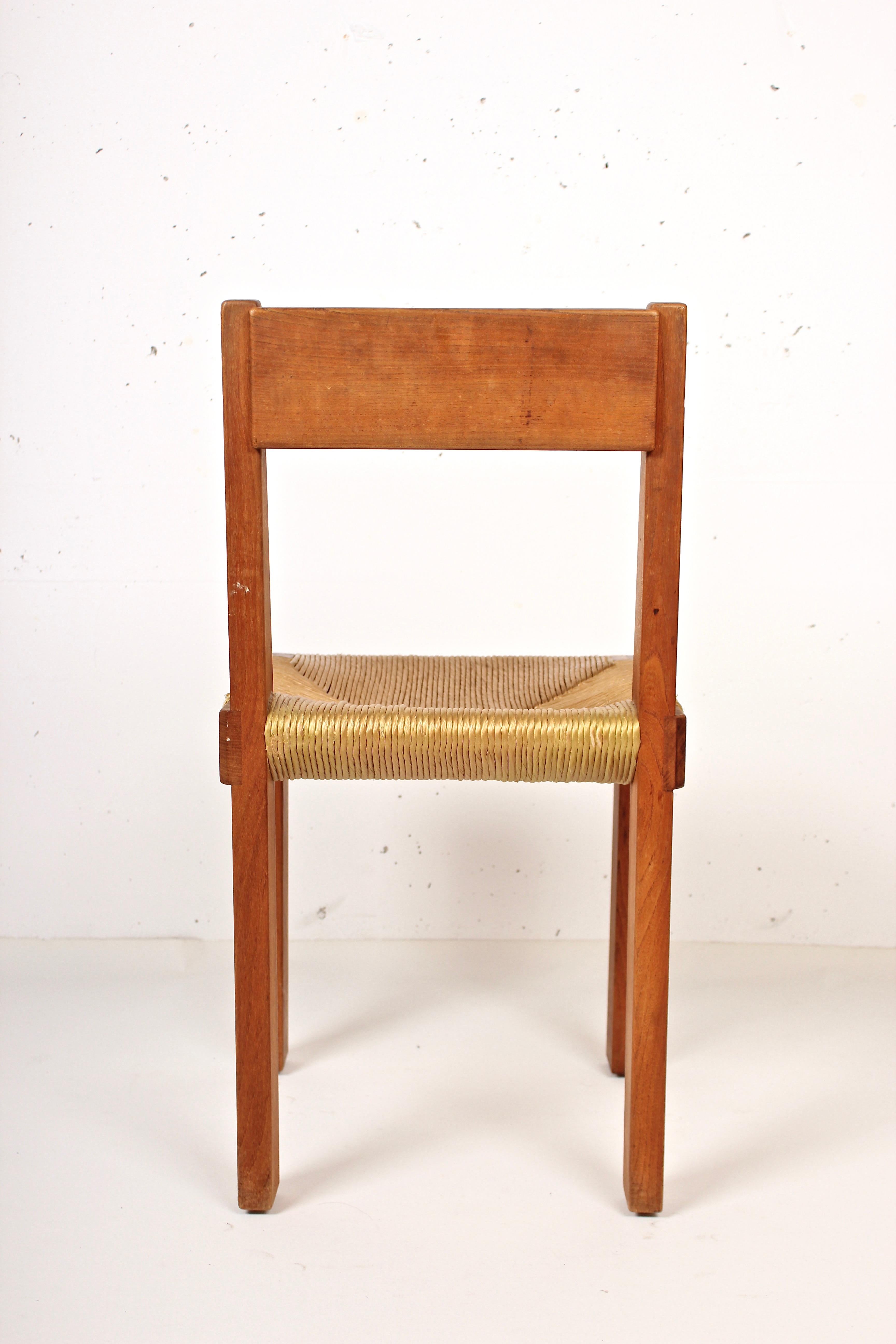 Late 20th Century Pierre Chapo Set of Four Elm and Straw S 24 Dining Chairs, France, 1960s