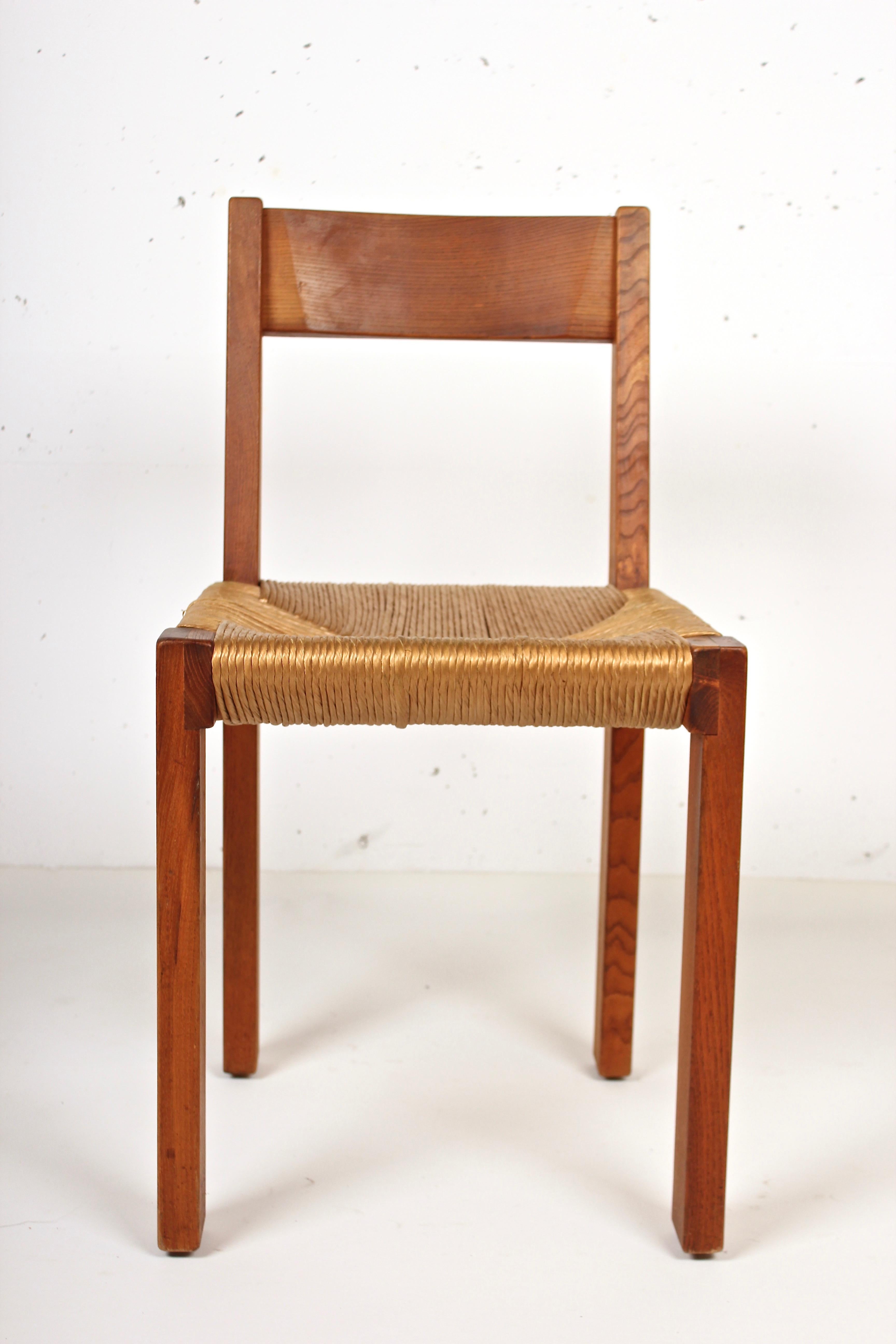 Pierre Chapo Set of Four Elm and Straw S 24 Dining Chairs, France, 1960s 2