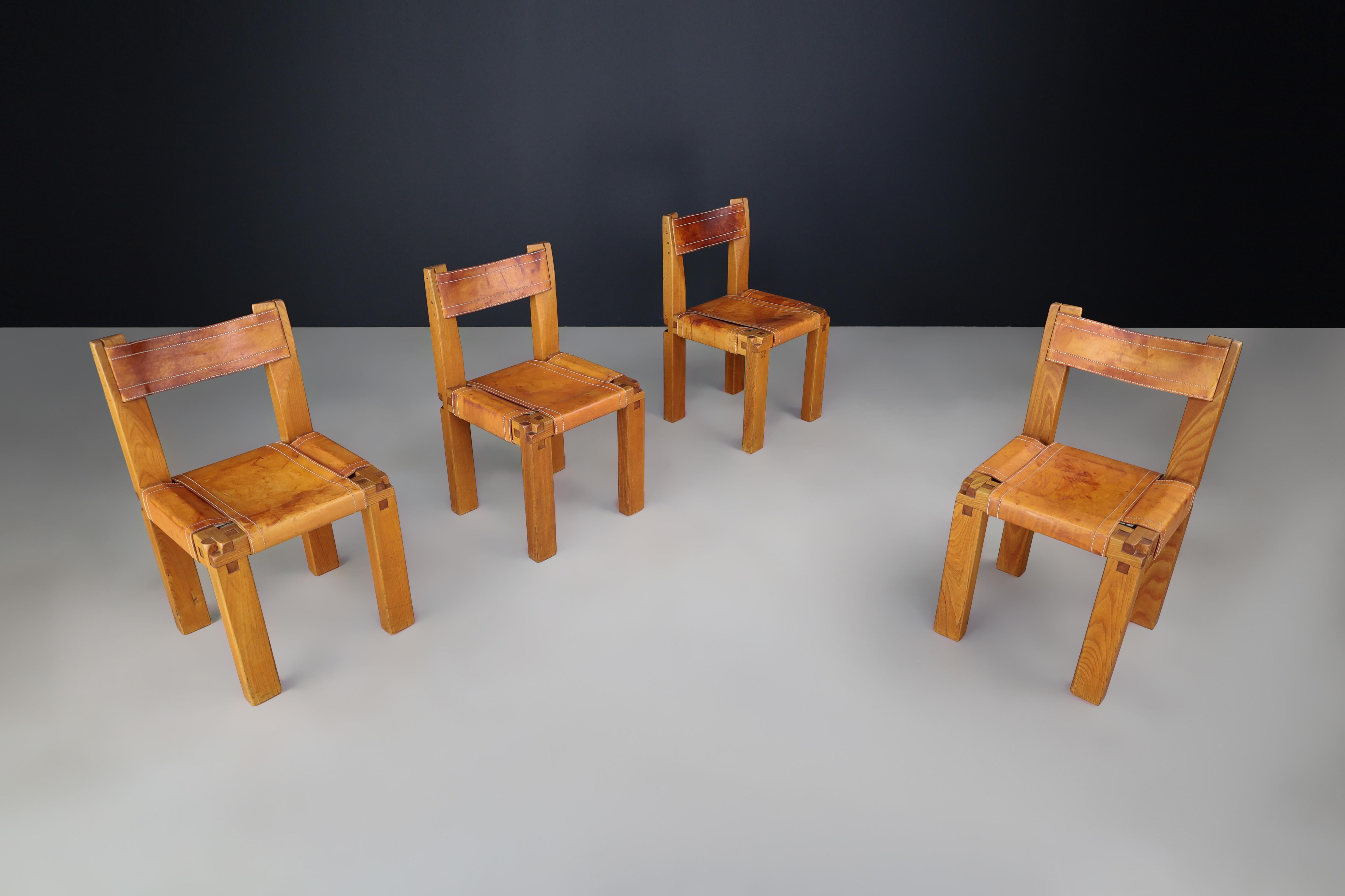 Pierre Chapo Set of Four 'S11' Chairs in Cognac Leather and Elm, France 1960s   For Sale 8
