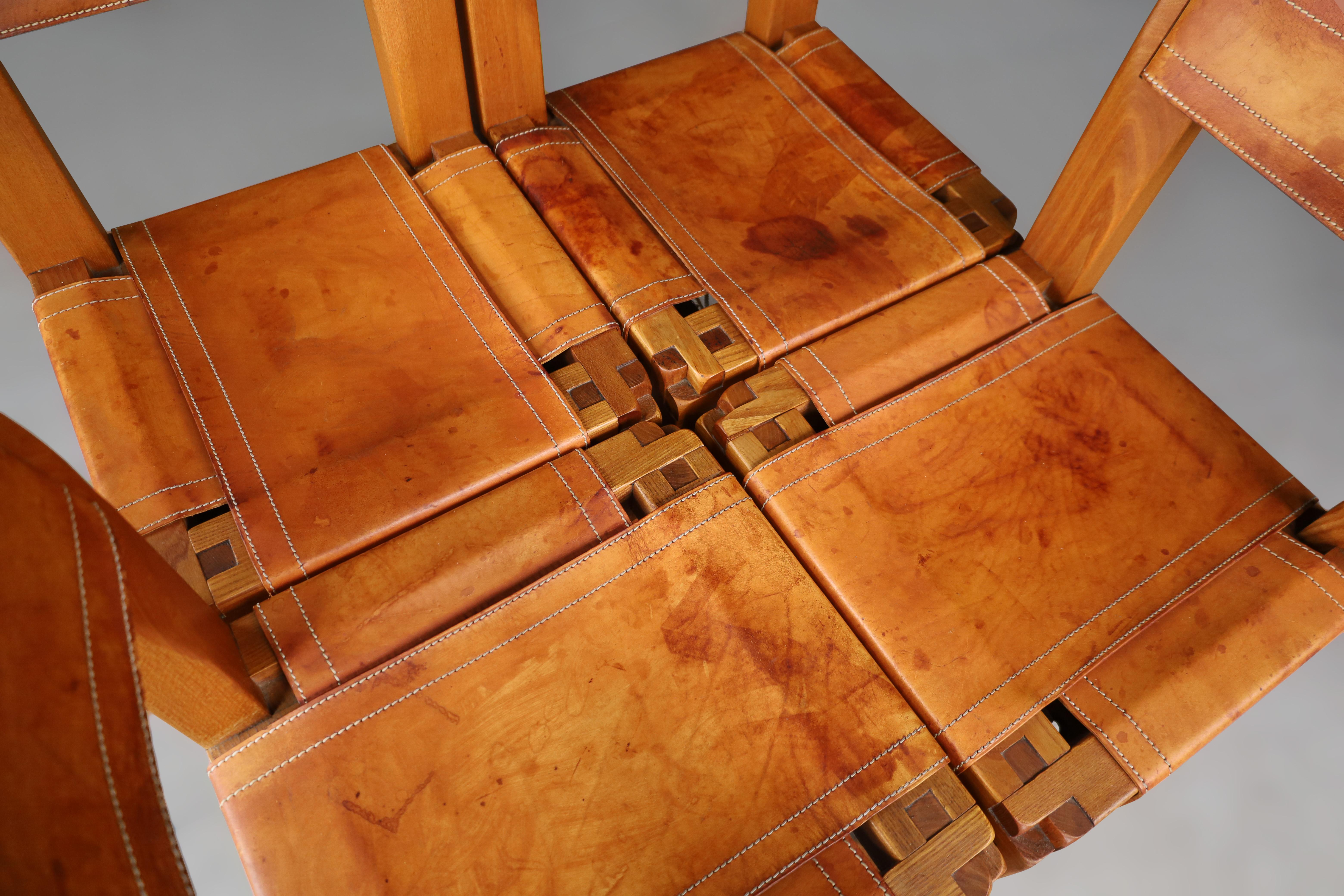 Pierre Chapo Set of Four 'S11' Chairs in Cognac Leather and Elm, France 1960s   For Sale 10