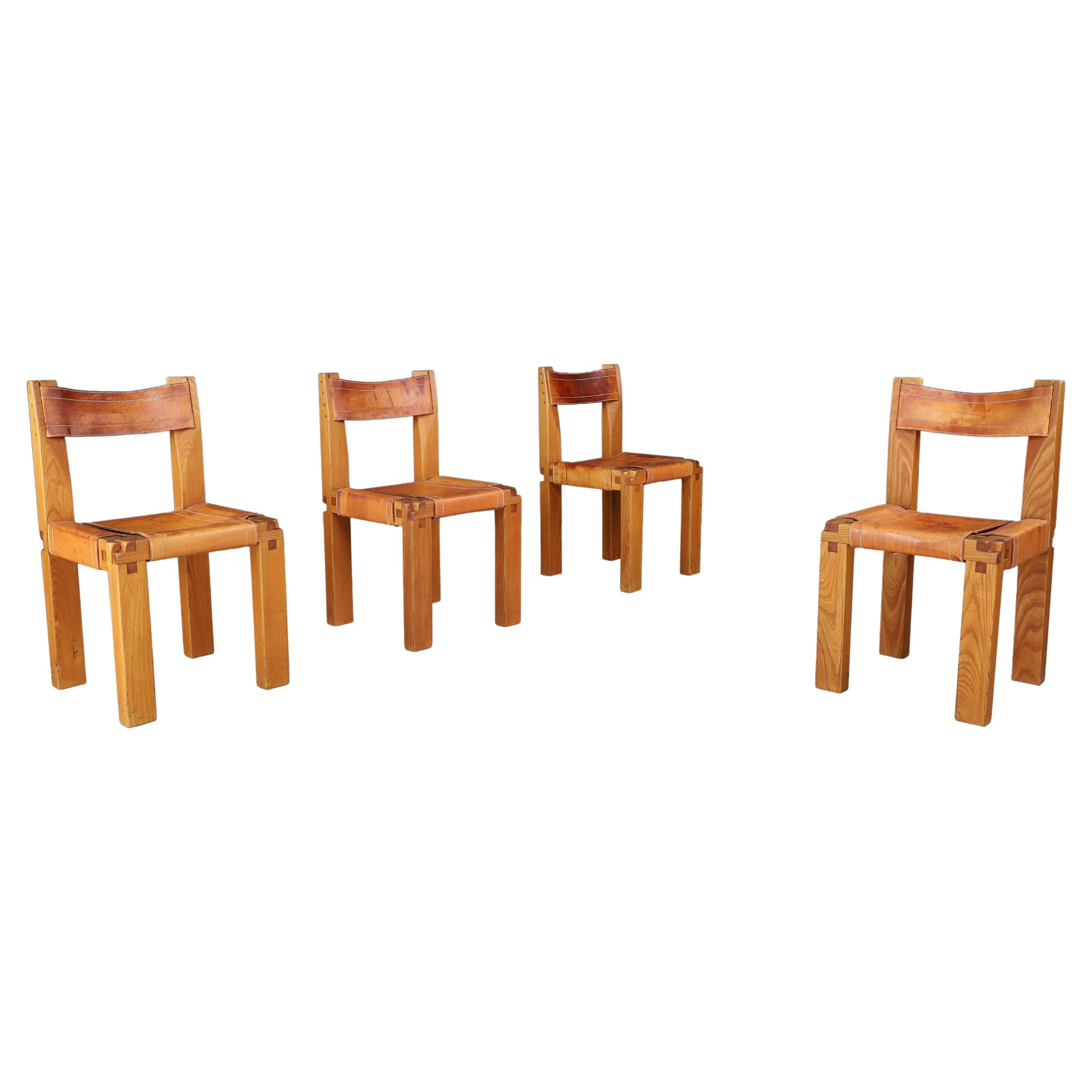 Pierre Chapo Set of Four 'S11' Chairs in Cognac Leather and Elm, France 1960s   For Sale