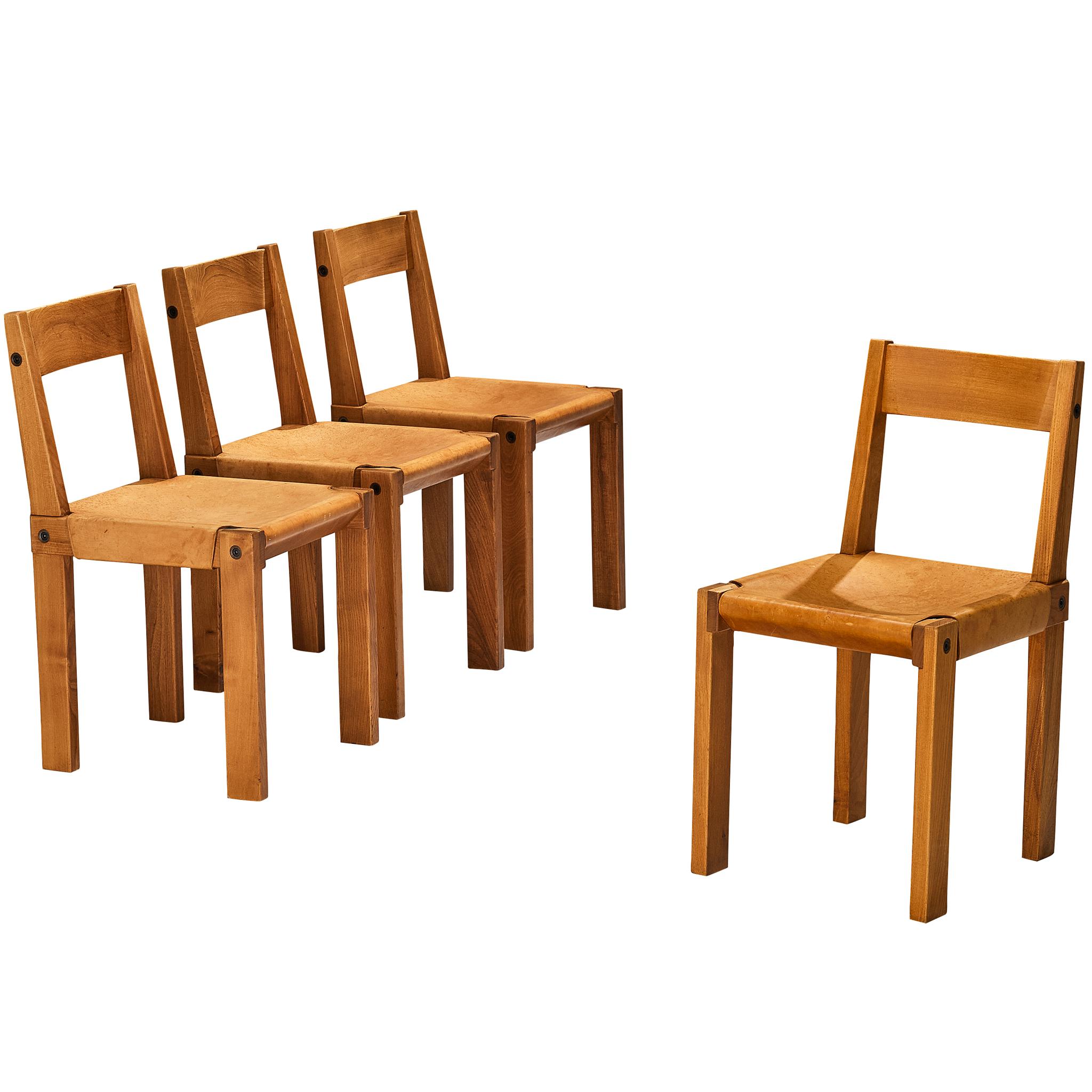 Pierre Chapo Juego de cuatro sillas de comedor "S24" de cuero coñac y olmo en venta