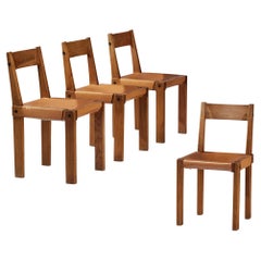 Pierre Chapo Set of Four 'S24' Dining Chairs in Elm and Cognac Leather