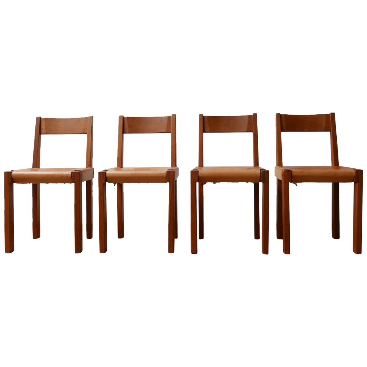 Pierre Chapo Set of S24 Mid-Century French Elm and Leather Dining Chairs '4'