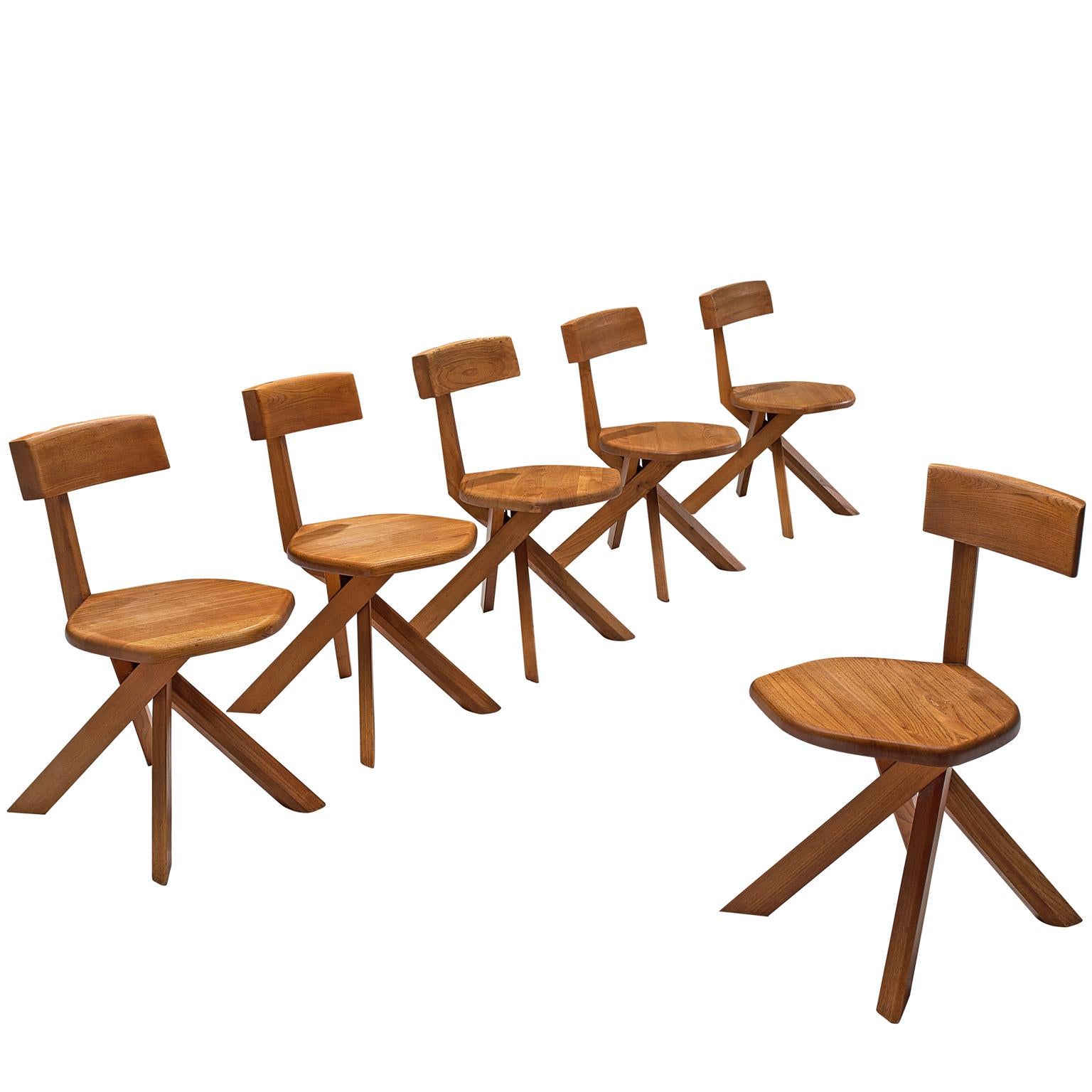 Pierre Chapo Set of Seven S34 Dining Chair in Solid Elm