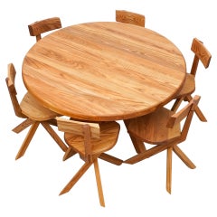 Pierre Chapo Set of Six Chairs and Dining Table, Solid Elmwood