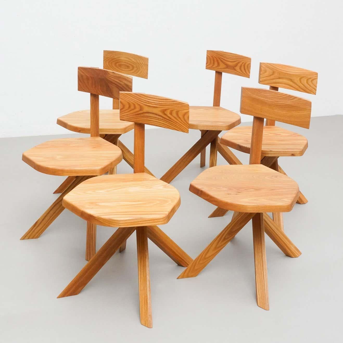 Mid-Century Modern Pierre Chapo Ensemble de six chaises, en bois massif d'Elmwood en vente