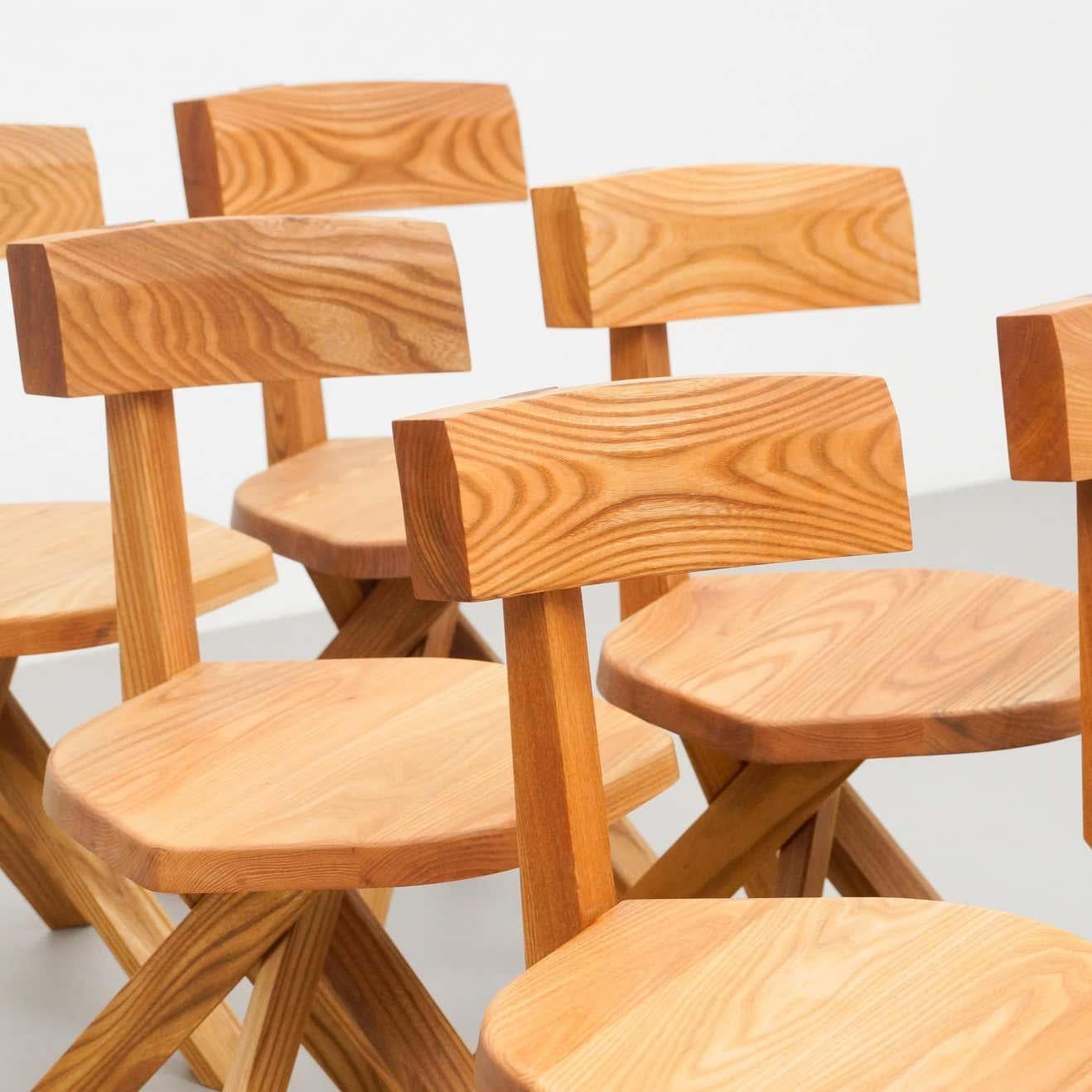 Pierre Chapo Ensemble de six chaises, en bois massif d'Elmwood Bon état - En vente à Barcelona, Barcelona