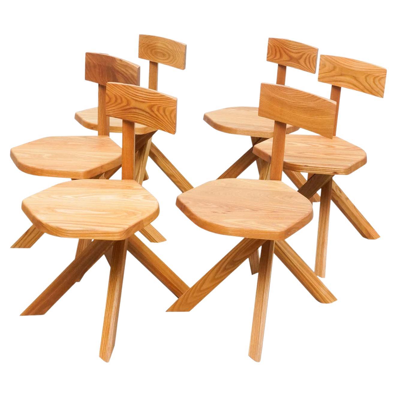 Pierre Chapo Set of Six Chairs, Solid Elmwood For Sale