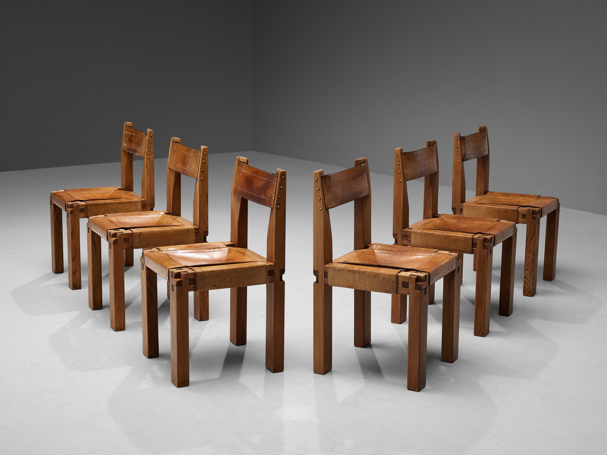 Pierre Chapo Set of Six Dining Chairs in Elm and Patinated Cognac Leather In Good Condition In Waalwijk, NL