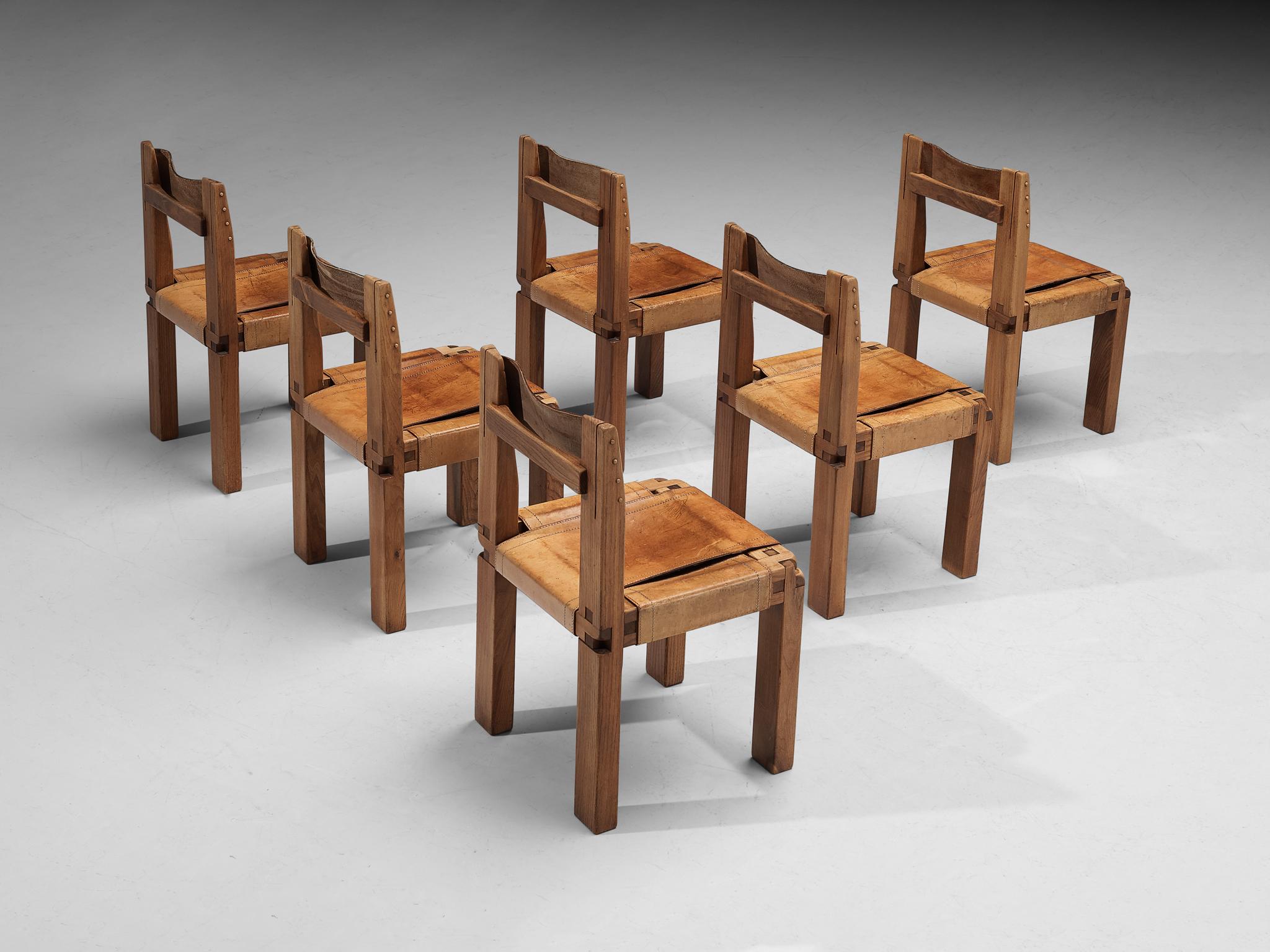 Mid-20th Century Pierre Chapo Set of Six Dining Chairs in Elm and Patinated Cognac Leather