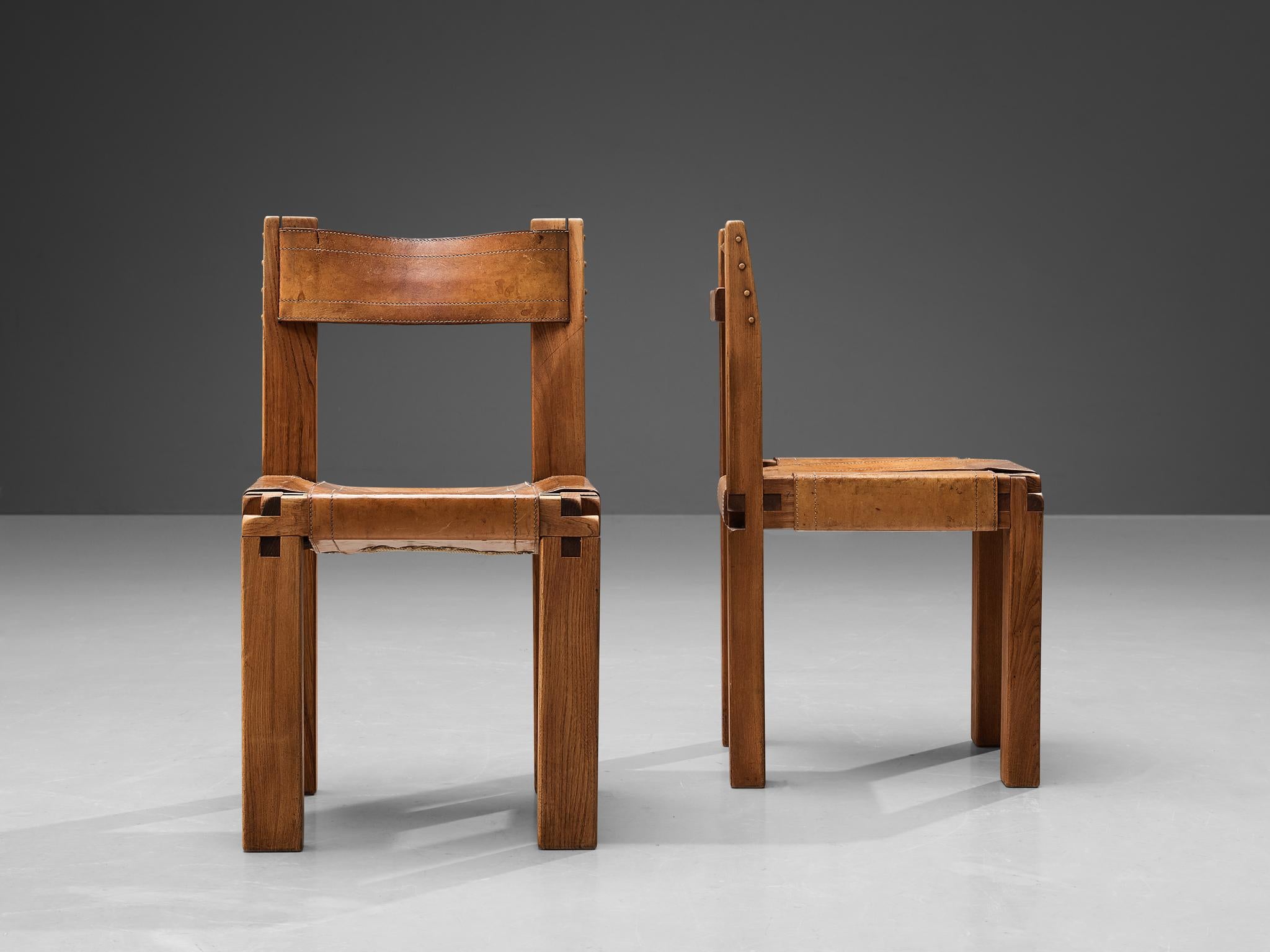 Pierre Chapo Set of Six Dining Chairs in Elm and Patinated Cognac Leather 1