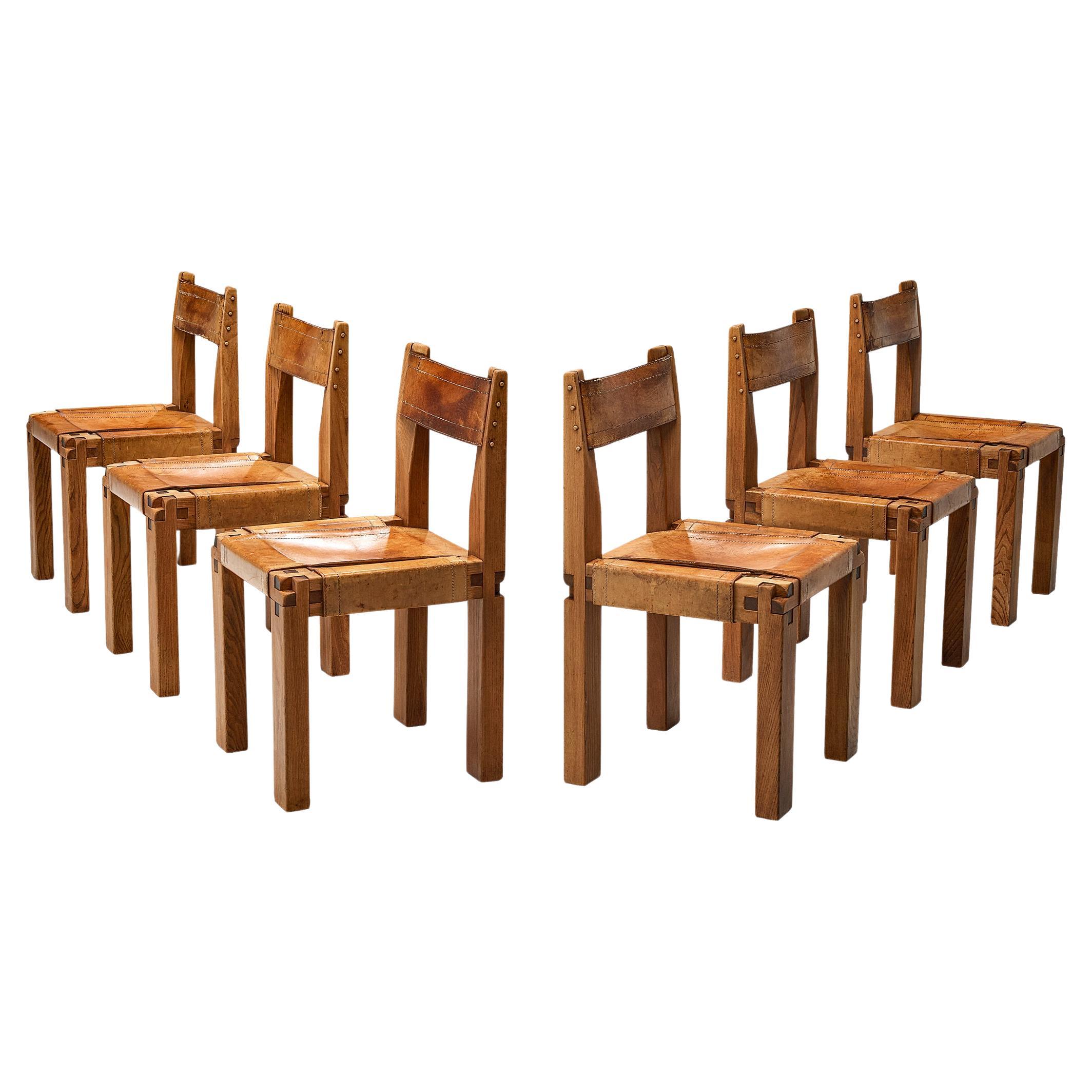 Pierre Chapo Set of Six Dining Chairs in Elm and Patinated Cognac Leather