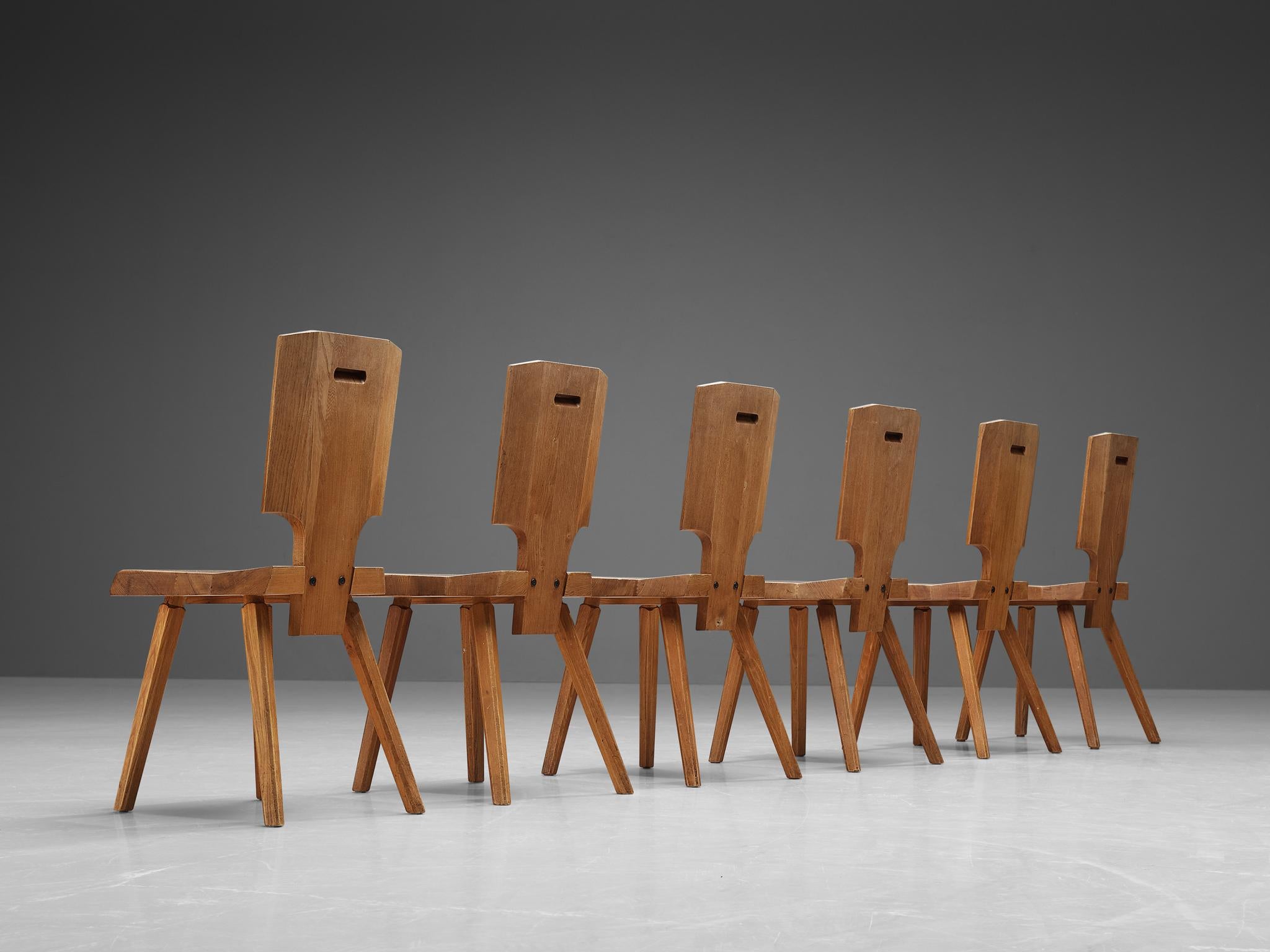 Pierre Chapo Set of Six Dining Chairs in Solid Elm In Good Condition In Waalwijk, NL