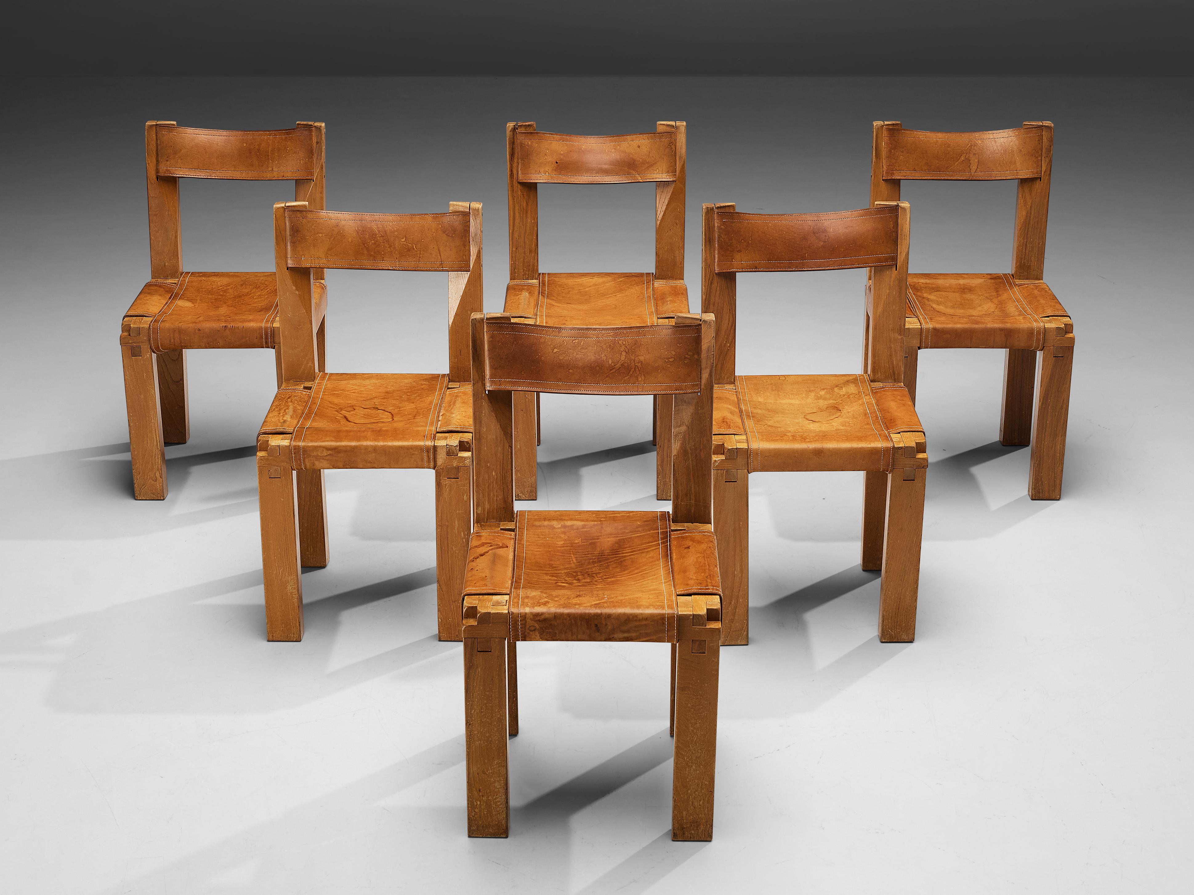 French Pierre Chapo Set of Six 'S11' Dining Chairs in Patinated Cognac Leather