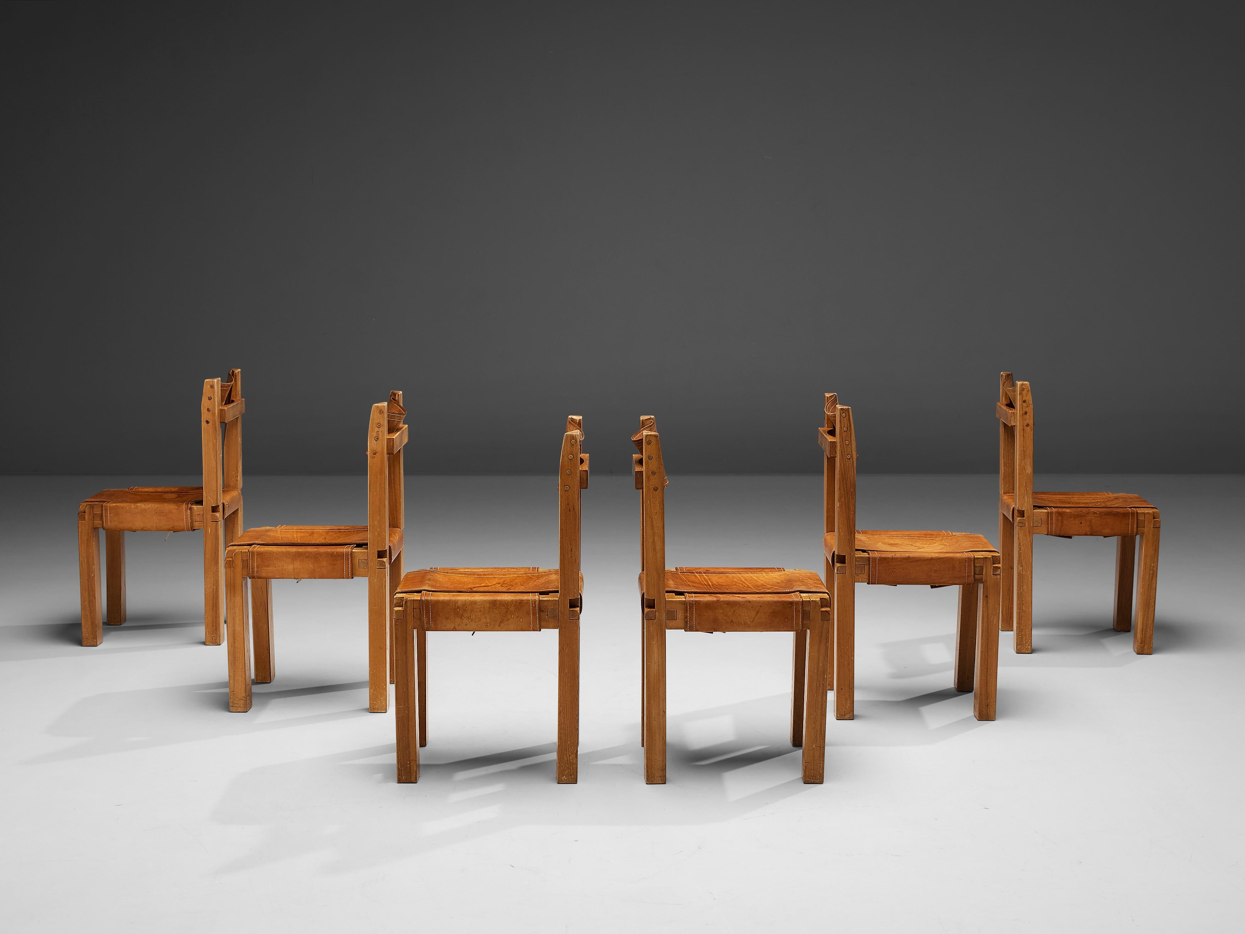 Mid-20th Century Pierre Chapo Set of Six 'S11' Dining Chairs in Patinated Cognac Leather