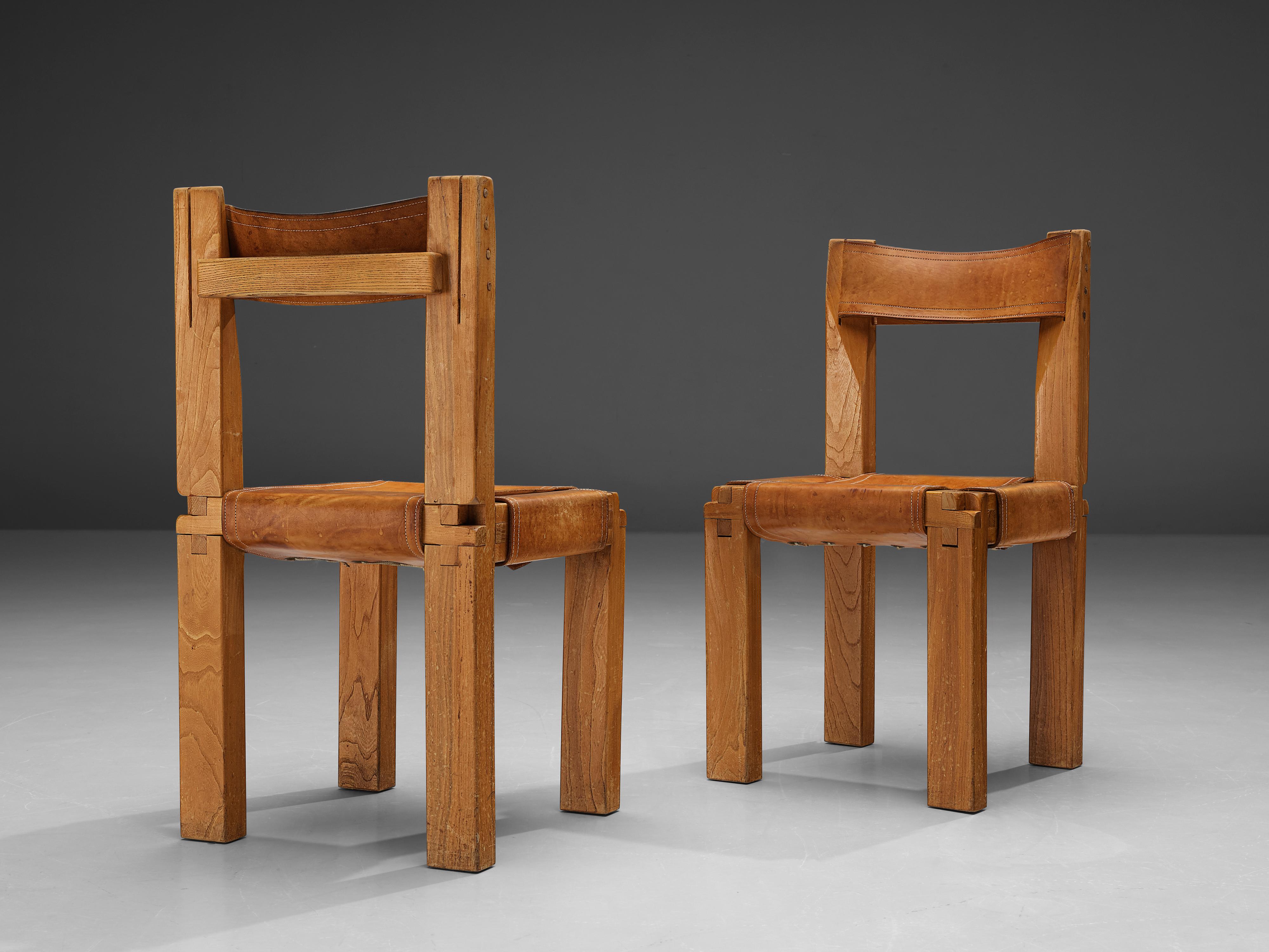 Pierre Chapo Set of Six 'S11' Dining Chairs in Patinated Cognac Leather 3