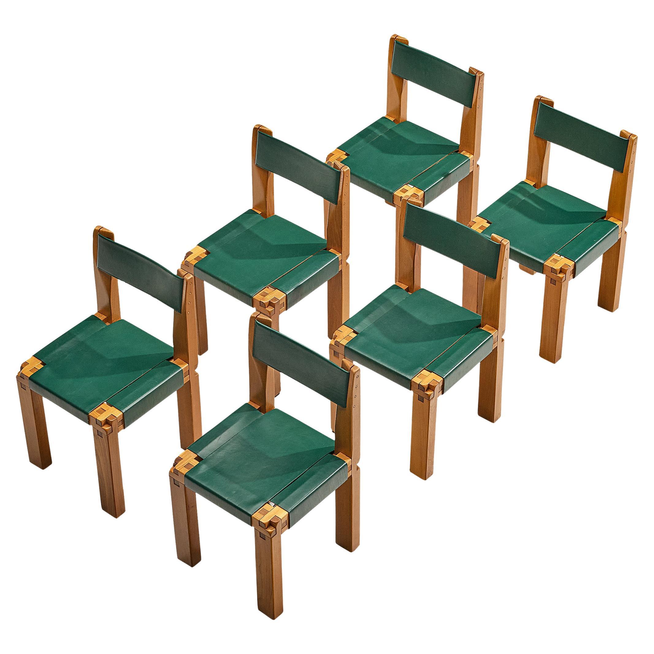Pierre Chapo Set of Six Dining Chairs 'S11' in Elm and Green Leather