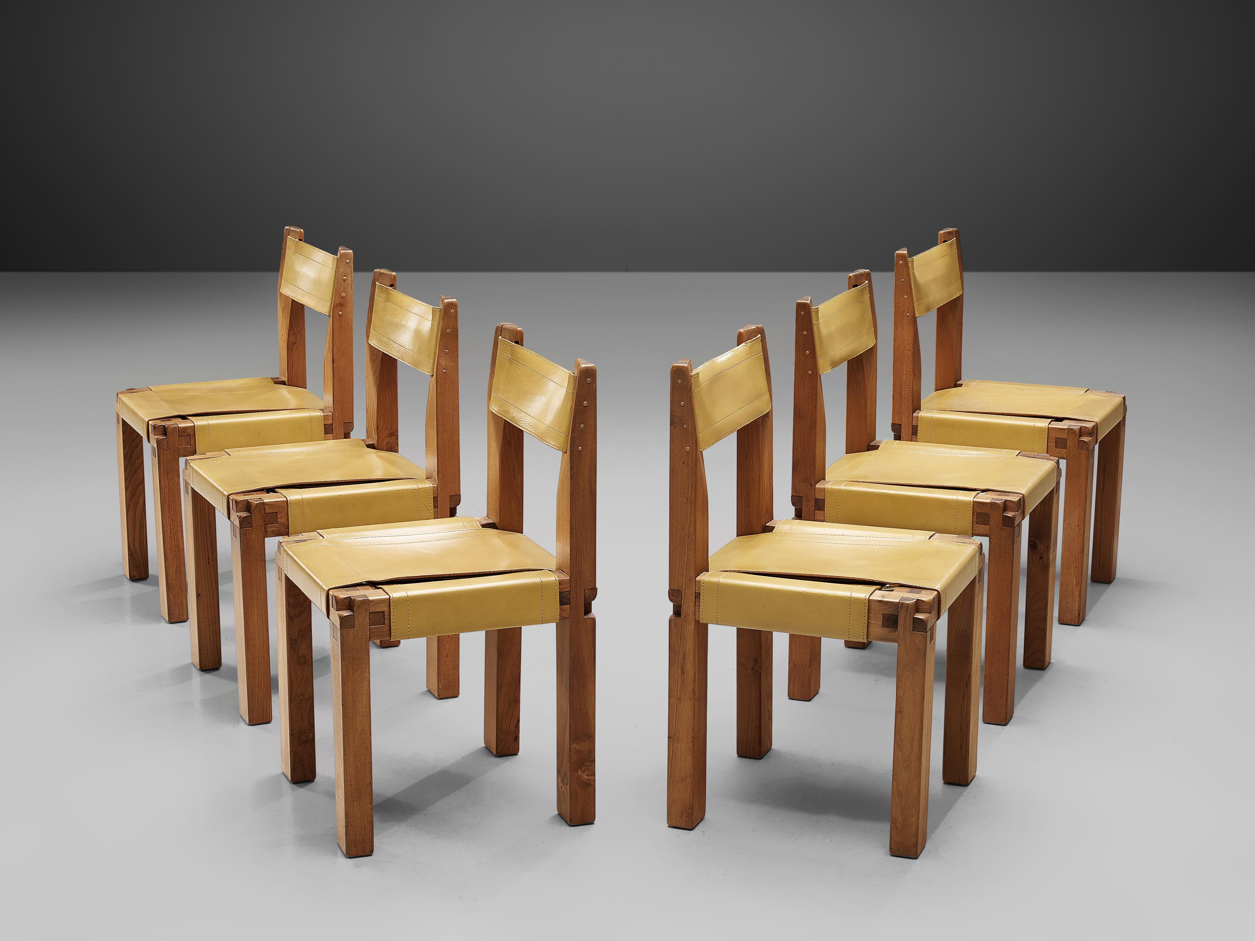Pierre Chapo, set of six dining chairs, model S11, elm, yellow coloured leather, France, circa 1966

A set of six chairs in solid elm wood and yellow coloured saddle leather, which makes this set rare. French designer Pierre Chapo created the S11