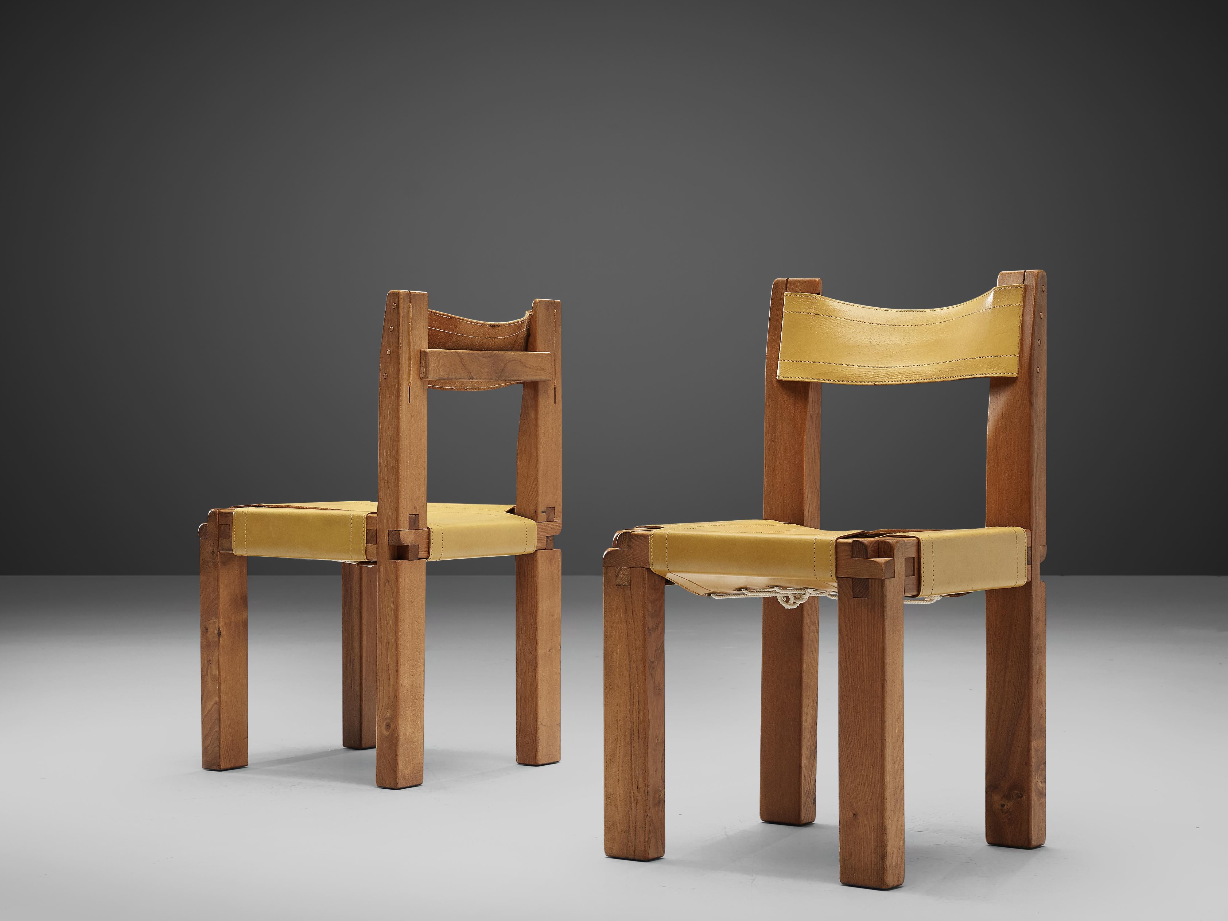 Mid-Century Modern Pierre Chapo Set of Six Dining Chairs 'S11' in Solid Elm and Yellow Leather