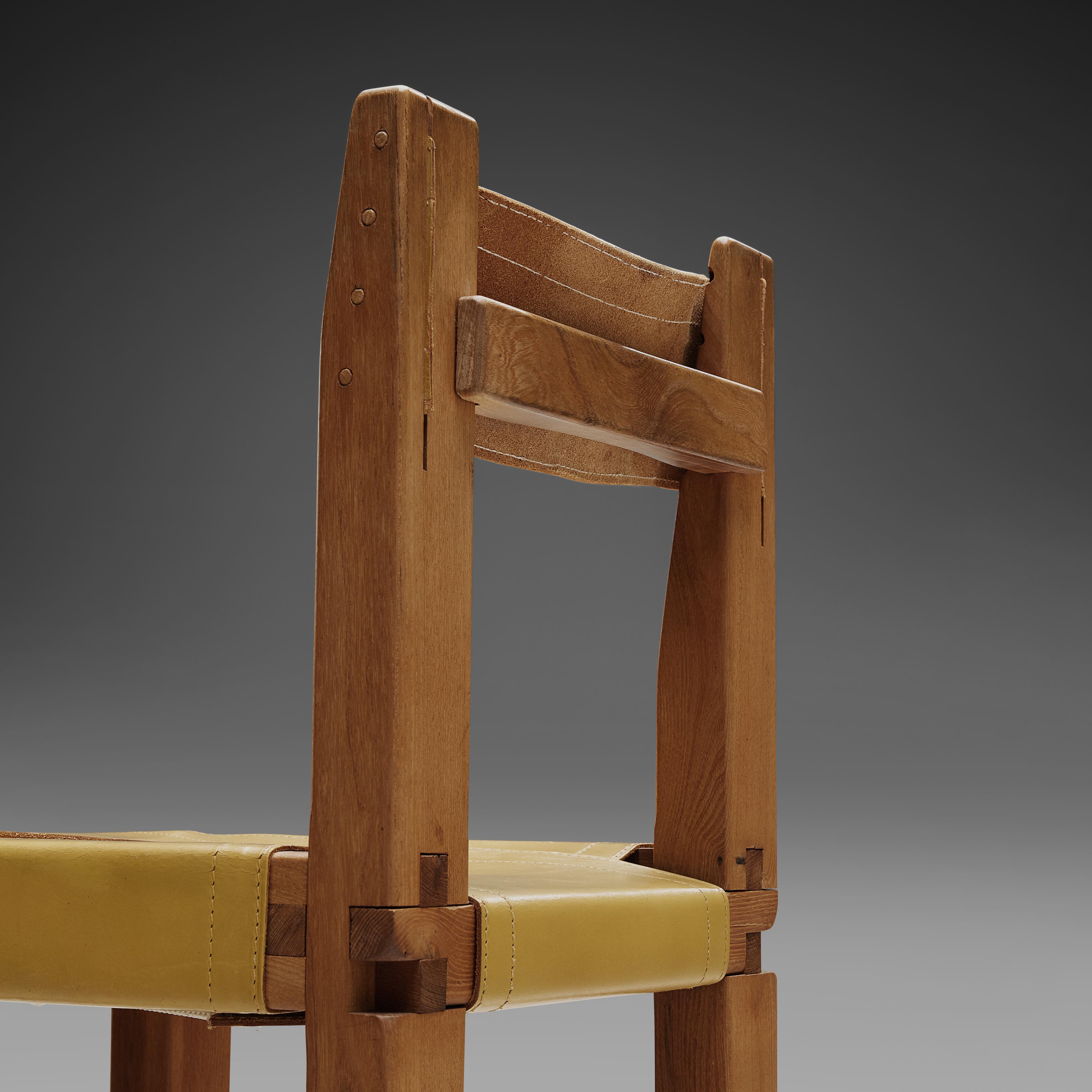 Pierre Chapo Set of Six Dining Chairs 'S11' in Solid Elm and Yellow Leather In Good Condition In Waalwijk, NL