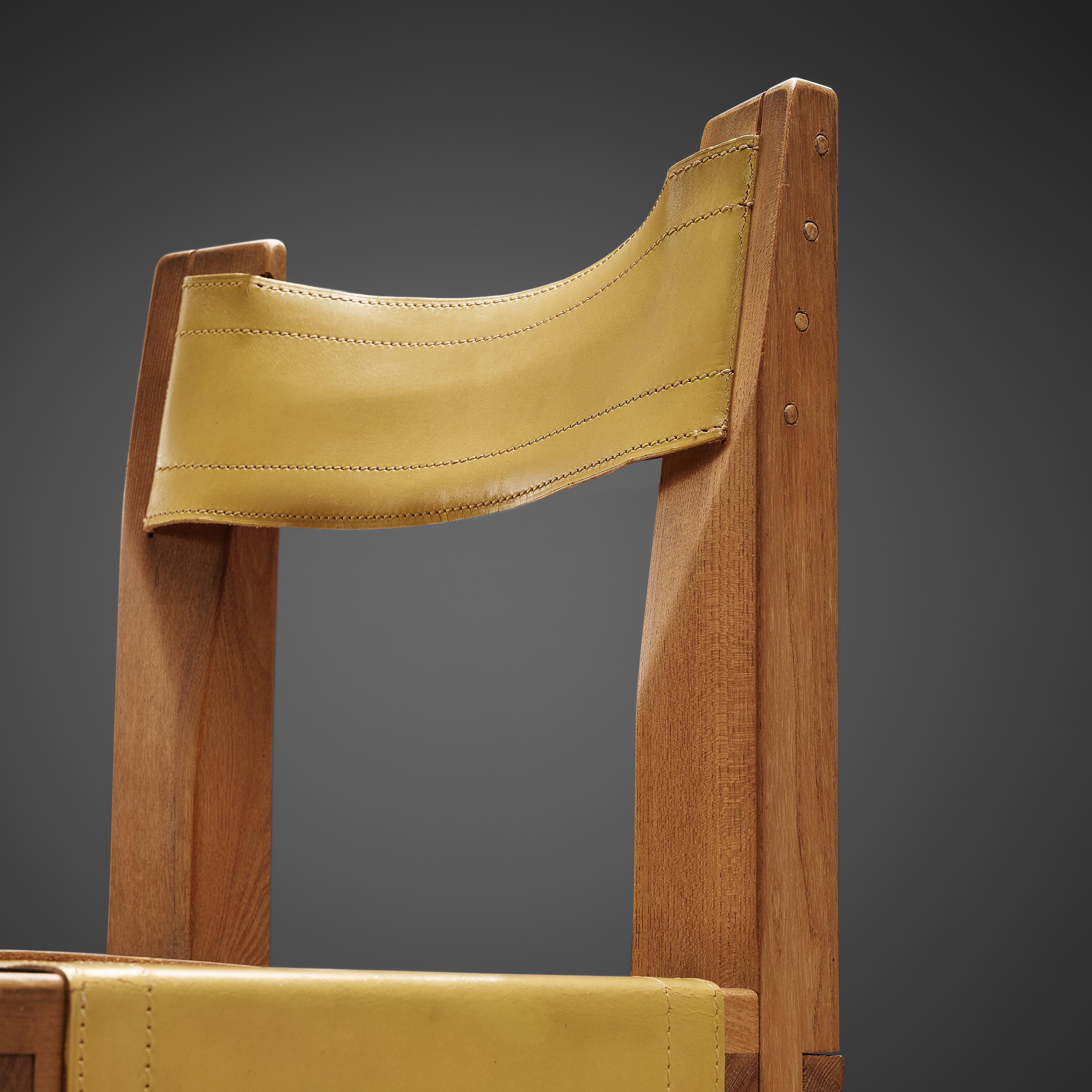 Mid-20th Century Pierre Chapo Set of Six Dining Chairs 'S11' in Solid Elm and Yellow Leather