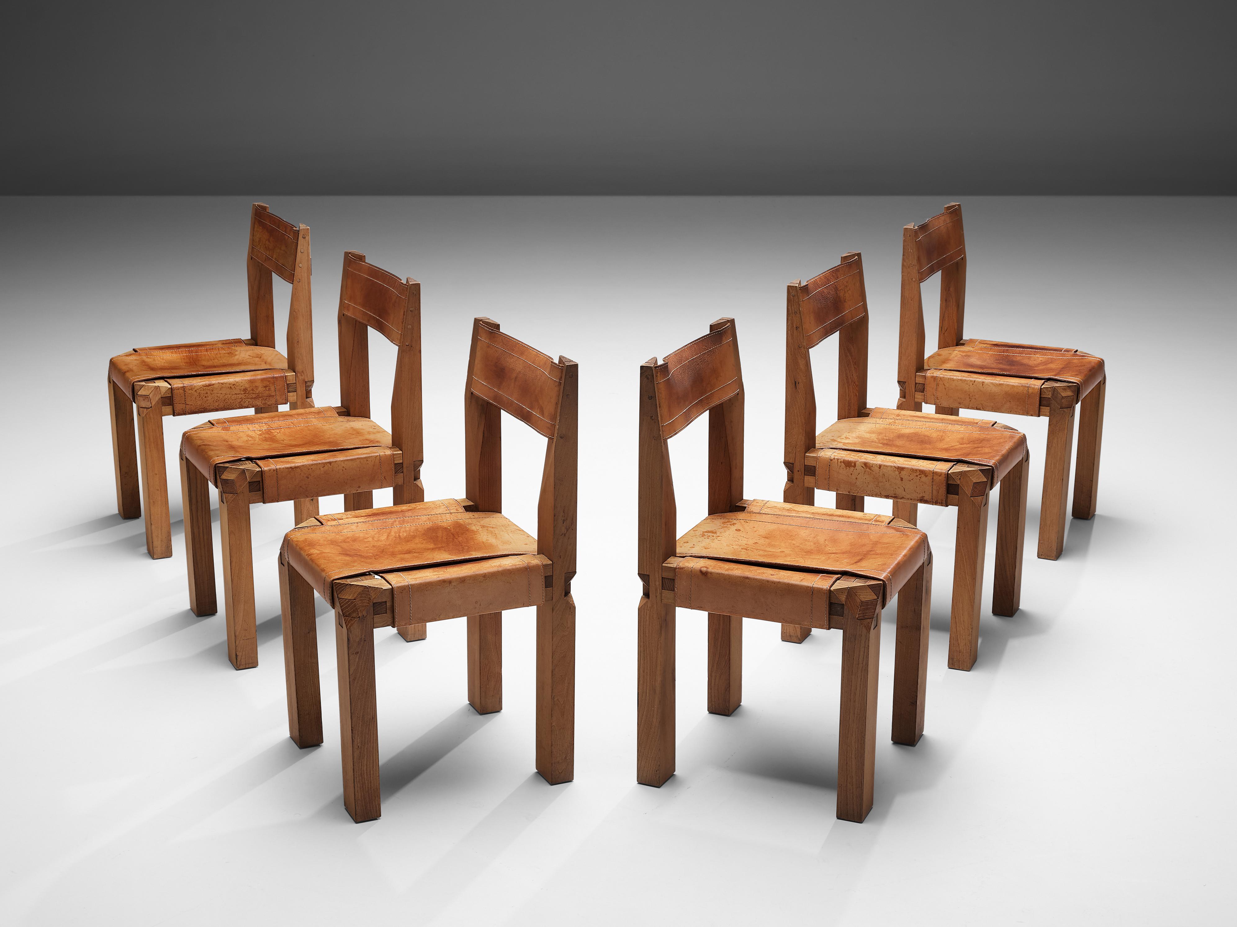 Mid-20th Century Early Pierre Chapo Set of Six 'S11' Chairs in Cognac Leather and Elm