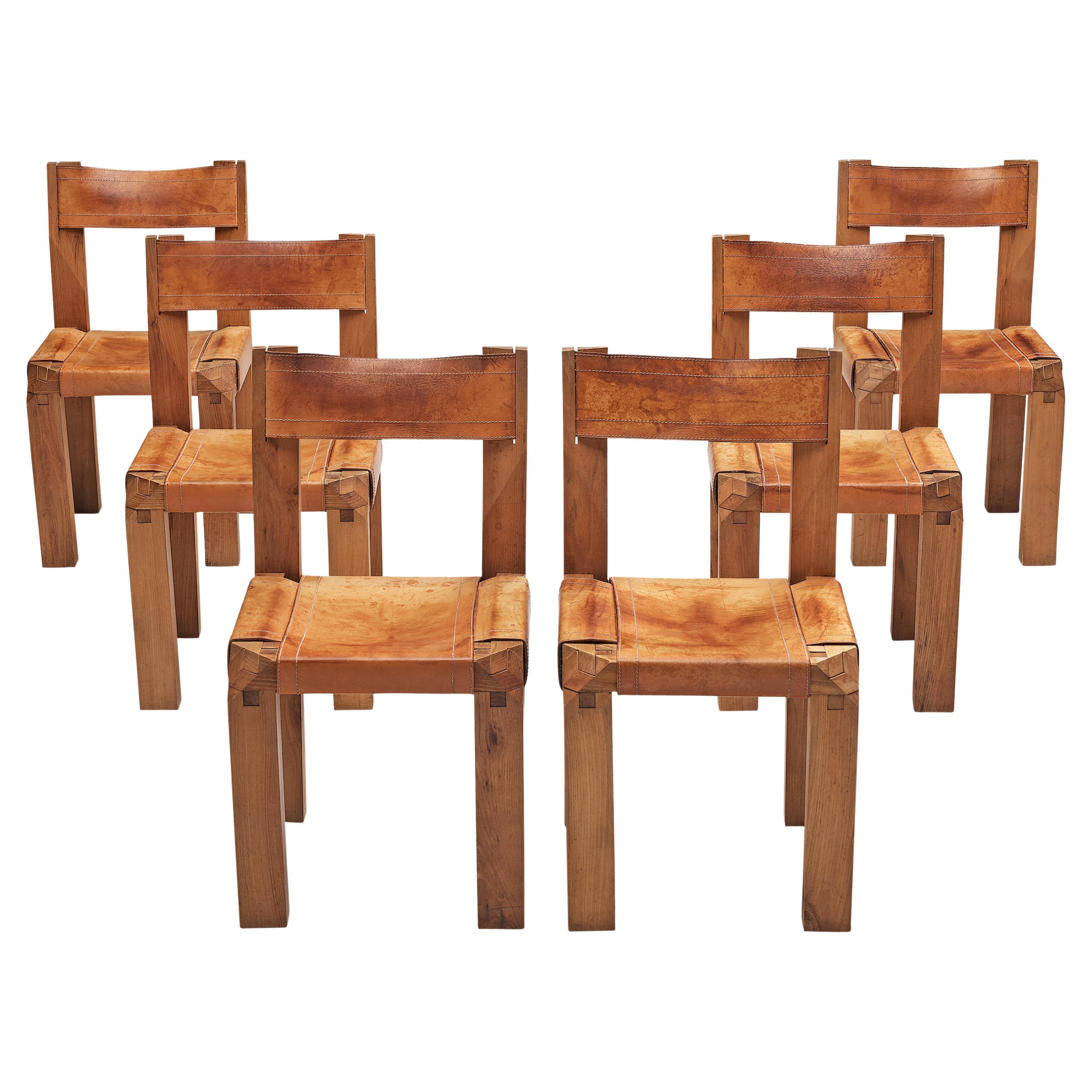 Early Pierre Chapo Set of Six 'S11' Chairs in Cognac Leather and Elm