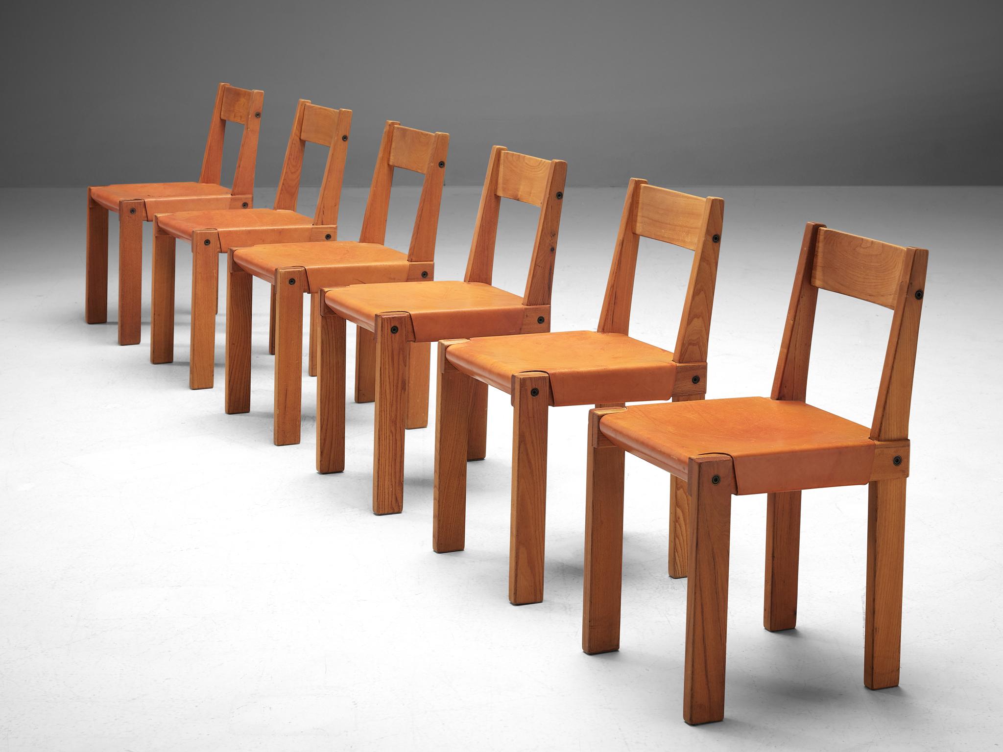 Mid-Century Modern Pierre Chapo Set of Six 'S24' Chairs in Solid Elm and Cognac Leather